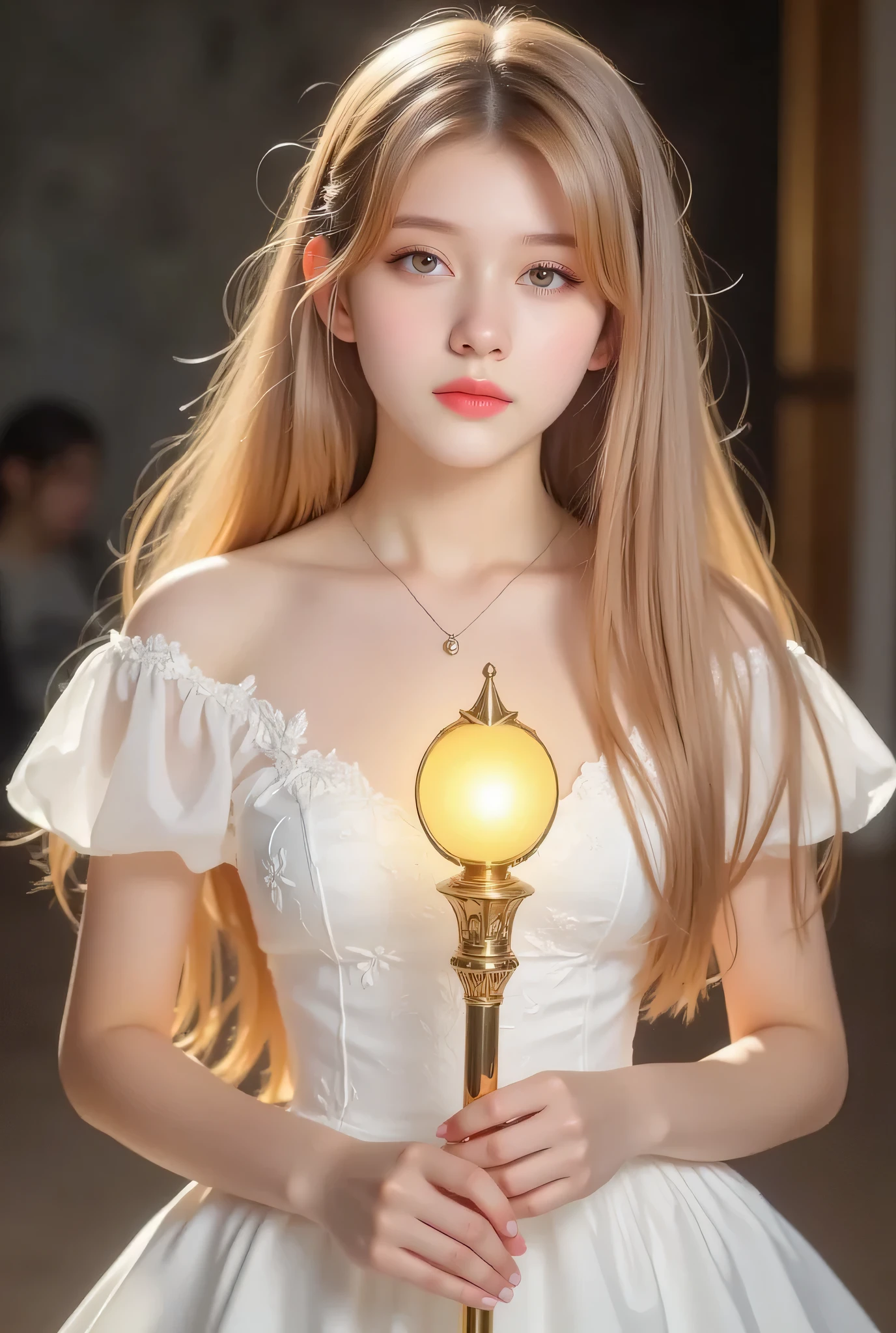 Design a young woman, about 20 years old, Nat DR., slim, with white skin, blond hair, gold eyes, wearing a white Victorian style dress carrying a golden staff