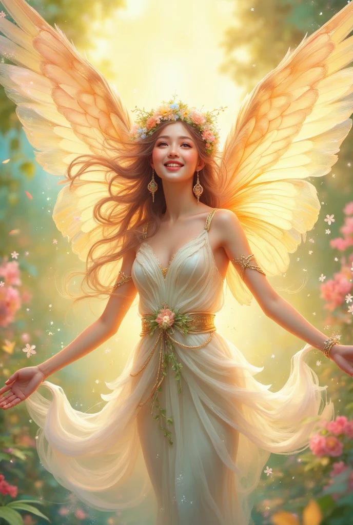 "An angel with bright, soft wings and a joyful smile, surrounded by warm colors like yellow, peach, and light pink. The angel is floating slightly, with arms outstretched and eyes sparkling with happiness. Soft light shines around them, creating a sense of warmth and joy."