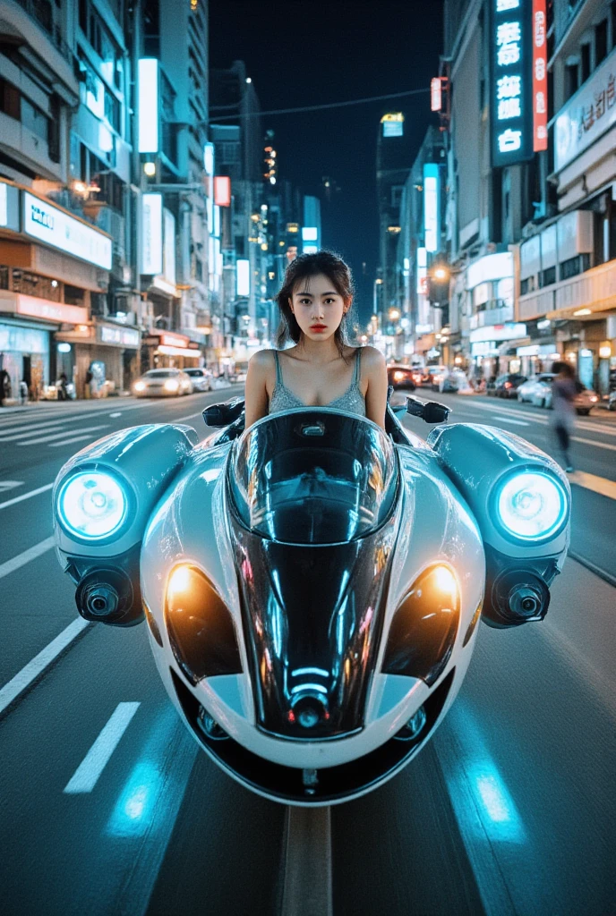 A Korean girl in lingerie riding a futuristic hovercraft. The vehicle's exterior is shaped like a capsule. She races through a Cyberpunk-style city. The photo shows the overall appearance of the vehicle. A style with no wheels at all vehicle. Film, high-resolution photograph, Recypu style