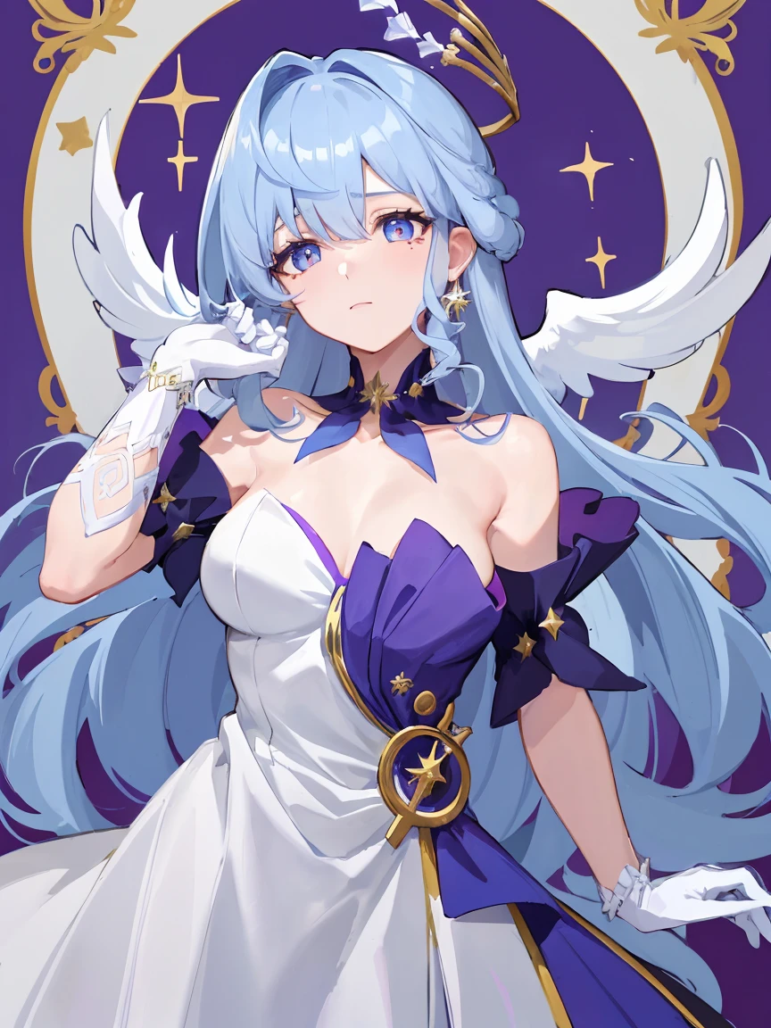 Robin,1 Girl,( blue hair :1.0),Bare shoulders,Halo,White gloves,earrings, white dress , off shoulder dress,Head wings , high quality,Purple dress, separated sleeve ,clavicle,( virtual YouTuber :0),, (masterpiece, has the best quality, high quality:1.4),absurdres,