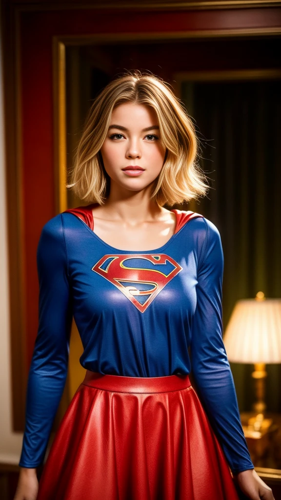 Highest quality, outstanding details, super high resolution, (fidelity: 1.4), the best illustration, favor details, highly condensed 1girl, with a delicate and beautiful face, delicate collarbone, shyness. small breasts, long dark blonde hair, wearing a tight blue long sleeves shirt with "S" logo on chest, wearing red skirt and cape, supergirl