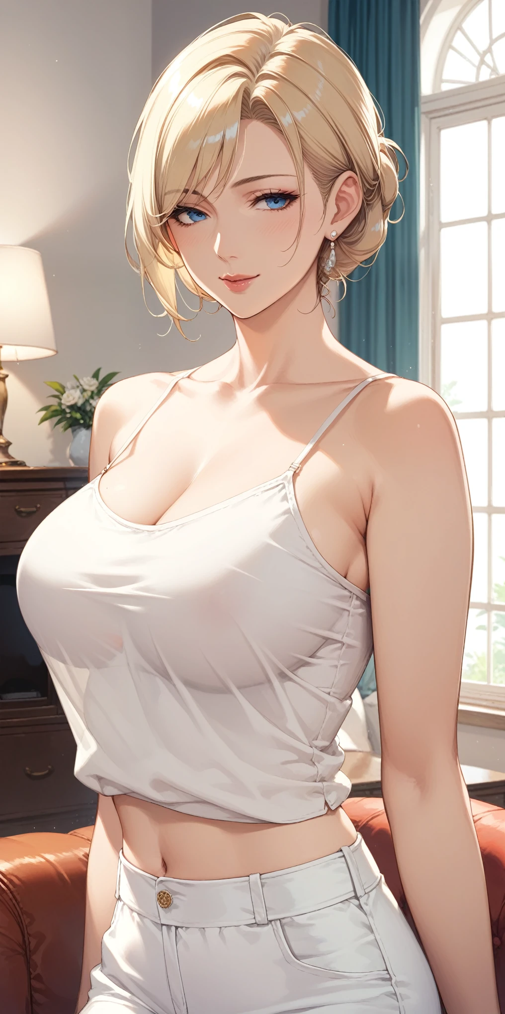 score_9, score_8_up, score_7_up, blonde, chignon hair, blue eyes, perfect eyes, anime milf, elegant mature woman, wise face, oversize camisole, home, soft light