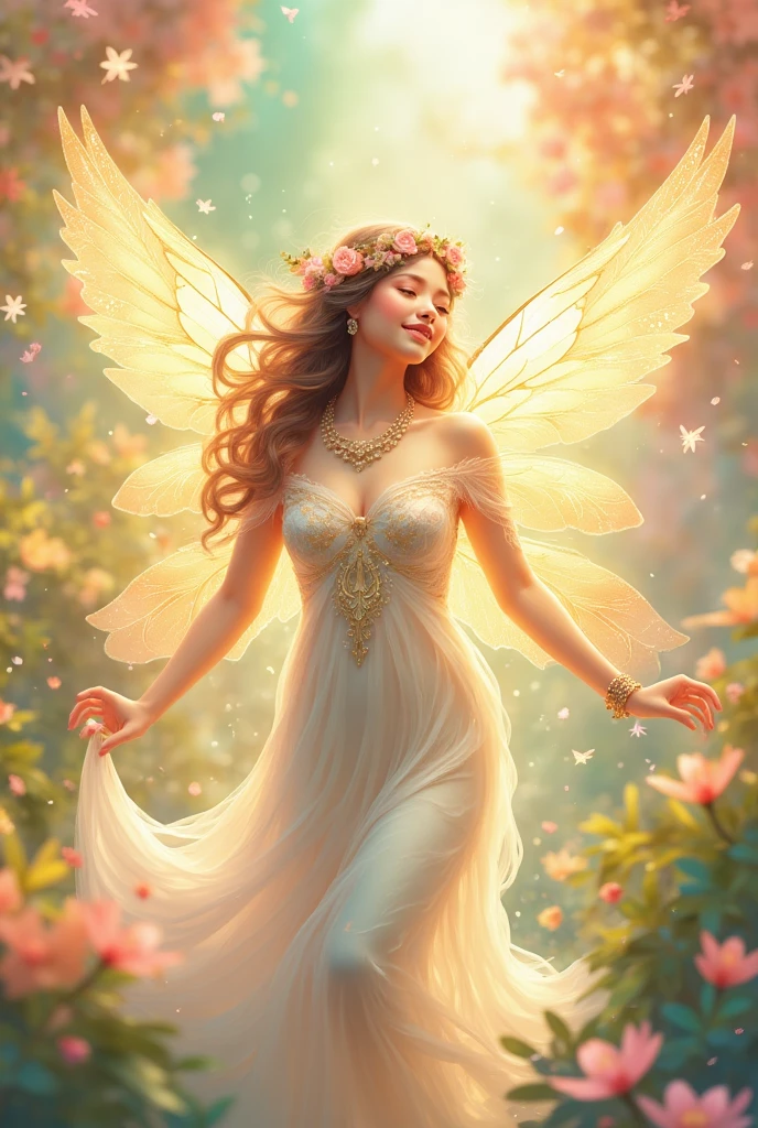 "An angel with bright, soft wings and a joyful smile, surrounded by warm colors like yellow, peach, and light pink. The angel is floating slightly, with arms outstretched and eyes sparkling with happiness. Soft light shines around them, creating a sense of warmth and joy."