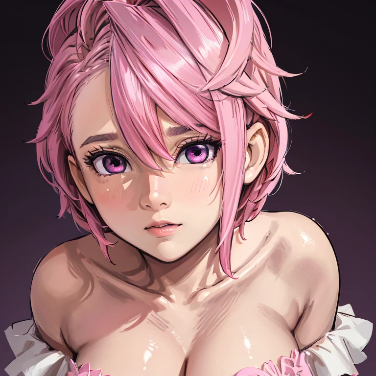 (masterpiece, best quality), intricate details, ((1girl)), aira_shiratori_(dandadan), short pink hair, detailed face, detailed eyes, double eyelids, highres, big breasts, collarbones, cleavage, off shoulders, simple background