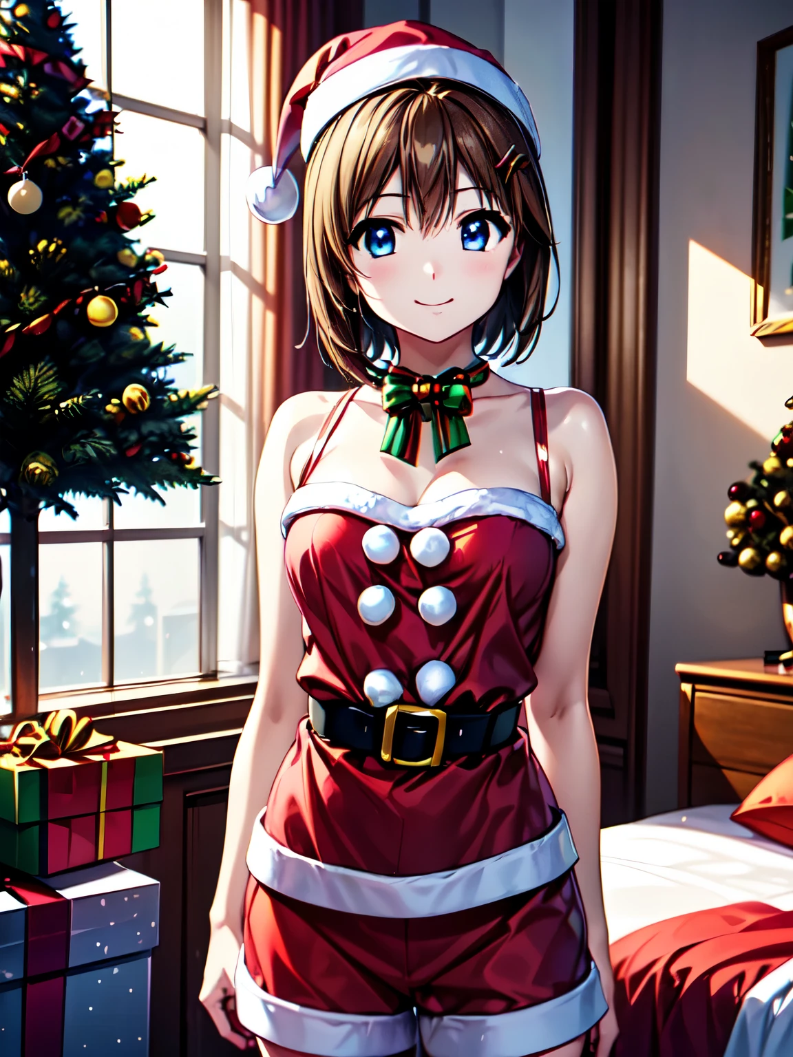 Best Quality, masterpiece,smile、(  anime illustration style  :1.2),Hayate Yagami,bedroom、bet、Standing、Hair Clip、 slightly light brown hair 、 closed mouth、smile、 (Santa hat、Santa costume:1.5)、(Genuine、Realistic、Realistic:1.10)、 Kampala、超 Kampala、Fine painting、 sharp concentration 、 Physically Based Rendering 、 cowboy shot ,(Moe:1.10)、