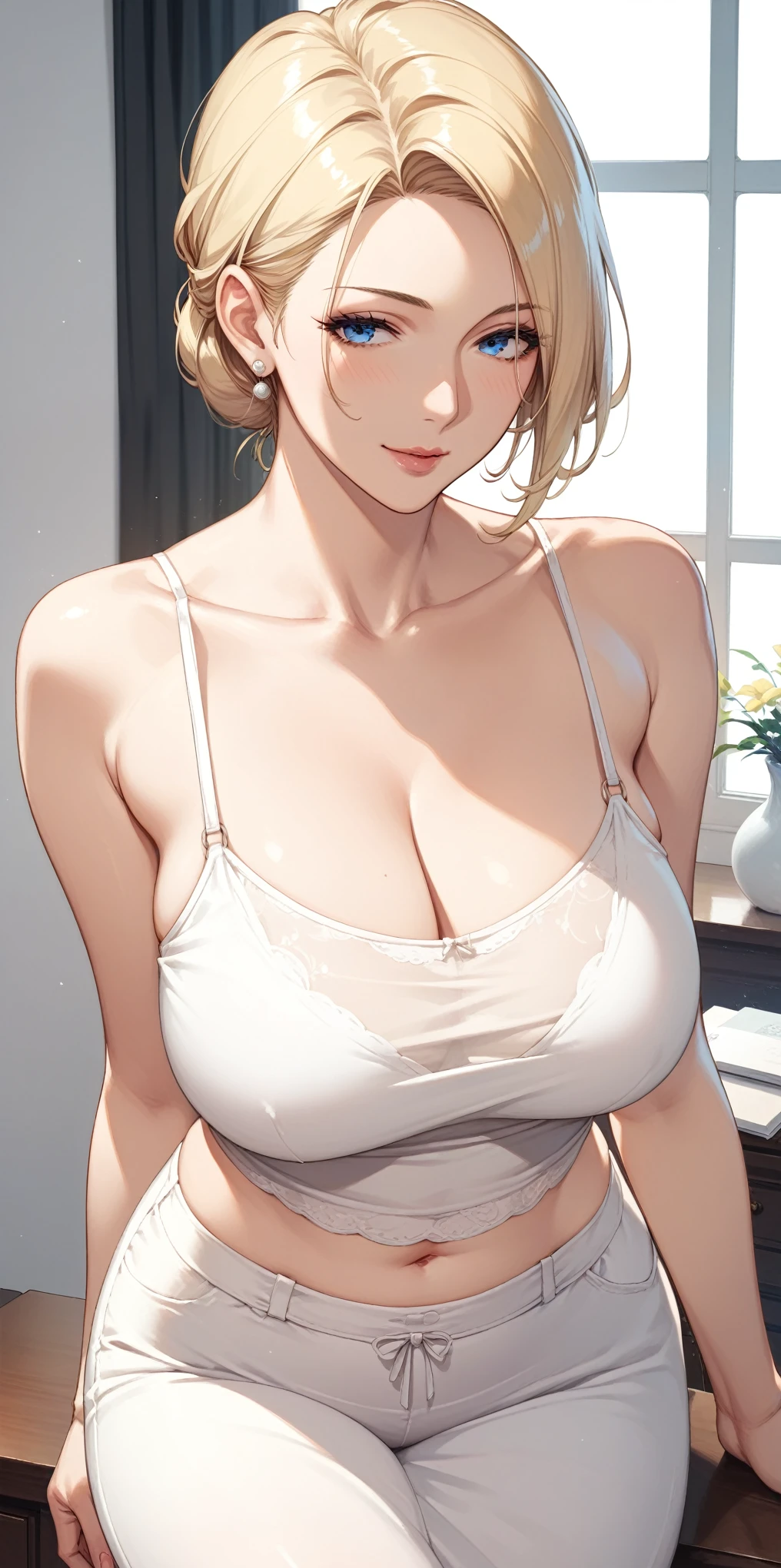 score_9, score_8_up, score_7_up, blonde, chignon hair, blue eyes, perfect eyes, anime milf, elegant mature woman, wise face, thin camisole, home, soft light