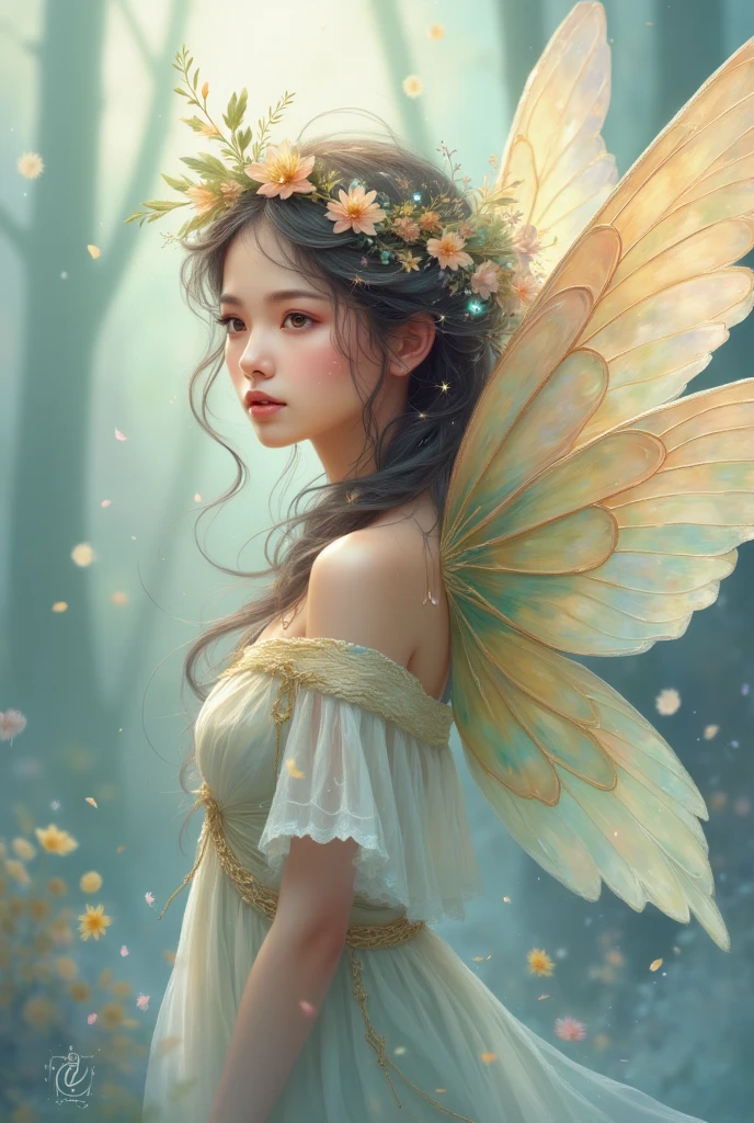 "An angel with soft, flowing wings and a thoughtful expression, looking out into the distance with a slight smile. The colors are gentle and muted, like soft blues and grays, with subtle lighting that creates a peaceful, introspective atmosphere."