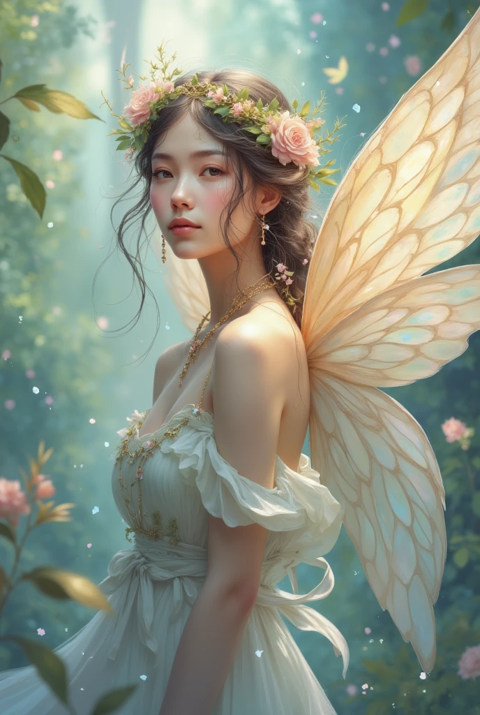 "An angel with soft, flowing wings and a thoughtful expression, looking out into the distance with a slight smile. The colors are gentle and muted, like soft blues and grays, with subtle lighting that creates a peaceful, introspective atmosphere."