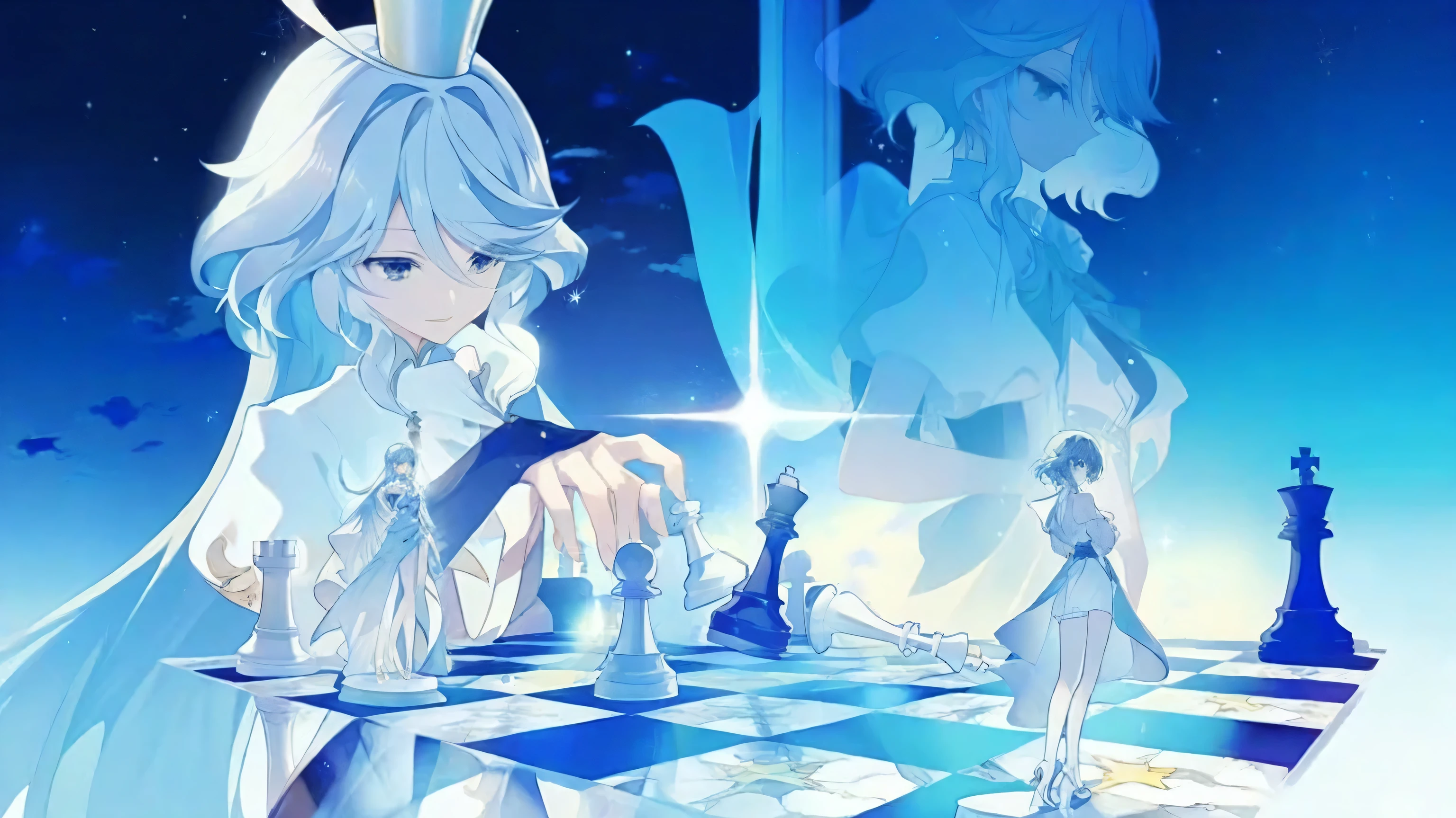anime girl playing chess with a giant chess board in the background playing chess, !!playing chess!!, anime land of the lustrous, trending, chess game, dreamy psychedelic anime, digital art on, playing chess, trending on daily ranking, detailed key anime art, game art!!,