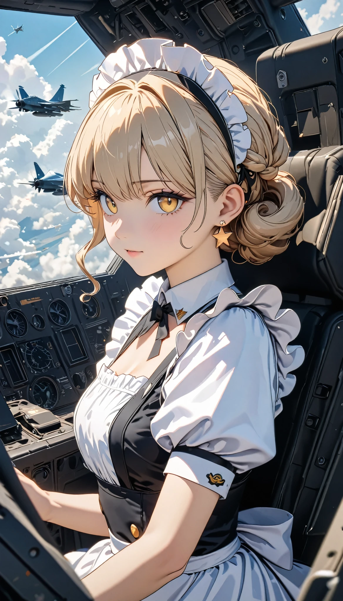 (( has the best quality)), ((masterpiece)), ( detailed),  Perfect Face , (( has the best quality, 8K, masterpiece: 1.3)),  clearly focused , Highly  detailed face and skin texture,  detailed眼睛, Light Gold, of the shoulder, curls, Star Earrings,  Maid costume with frills , White edge,  high resolution, Texture texture ,  anime style,  The maid boards a fighter plane ,  The maid in the cockpit acts as a pilot , 座舱内, Air Force ,  flies above the clouds 