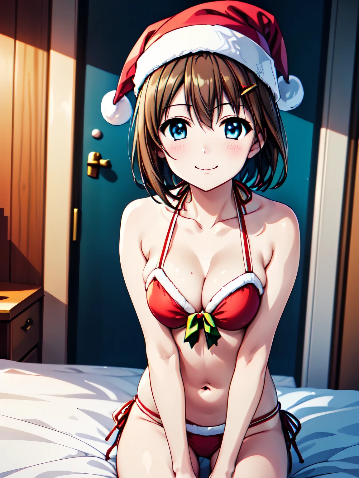 Best Quality, masterpiece,smile、(  anime illustration style  :1.2),Hayate Yagami,bedroom、bet、Standing、Hair Clip、 slightly light brown hair 、 closed mouth、smile、 (Santa hat、Cute Bikini,Santa costume:1.5)、(Genuine、Realistic、Realistic:1.10)、 Kampala、超 Kampala、Fine painting、 sharp concentration 、 Physically Based Rendering 、 cowboy shot ,(Moe:1.10)、