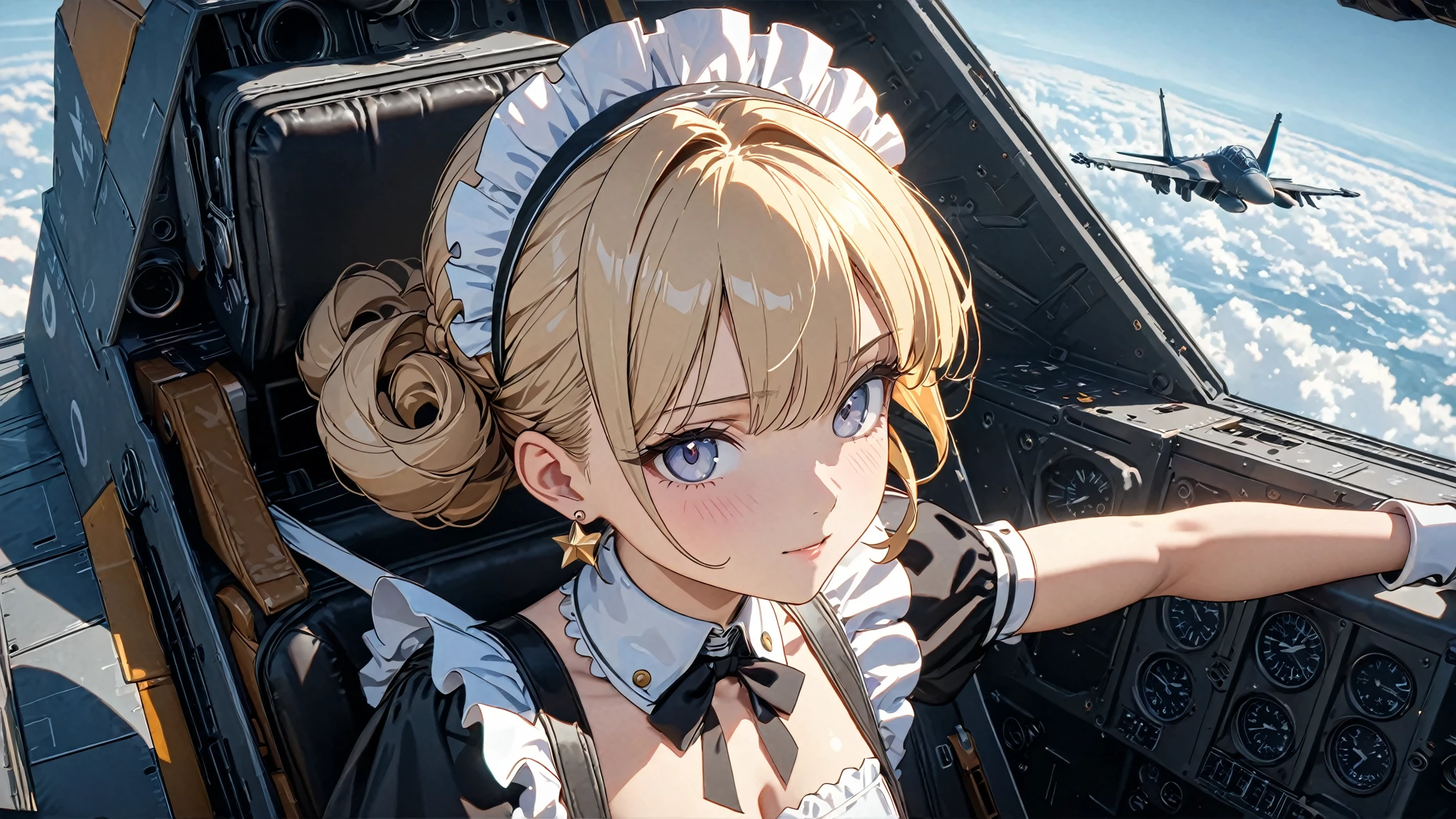 (( has the best quality)), ((masterpiece)), ( detailed),  perfect face , (( has the best quality, 8K, masterpiece: 1.3)),  clearly focused , Highly  detailed face and skin texture,  detailed眼睛, Light Gold, of the shoulder, curls, Star Earrings,  Maid costume with frills , White edge,  high resolution, Texture texture ,  anime style,  The maid boards a fighter plane ,  The maid in the cockpit acts as a pilot , 座舱内, Air Force ,  flies above the clouds 