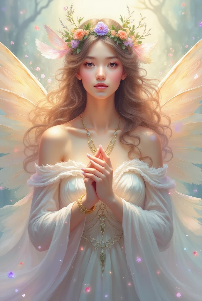 "A gentle angel with warm wings, softly smiling and holding their hands near their heart. The colors are pastel, with a focus on light pink, lavender, and cream tones. The lighting is soft and warm, giving a feeling of kindness and calm."