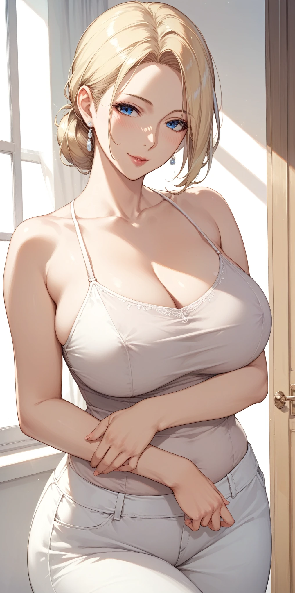 score_9, score_8_up, score_7_up, blonde, chignon hair, blue eyes, perfect eyes, anime milf, elegant mature woman, wise face, thin camisole, home, soft light