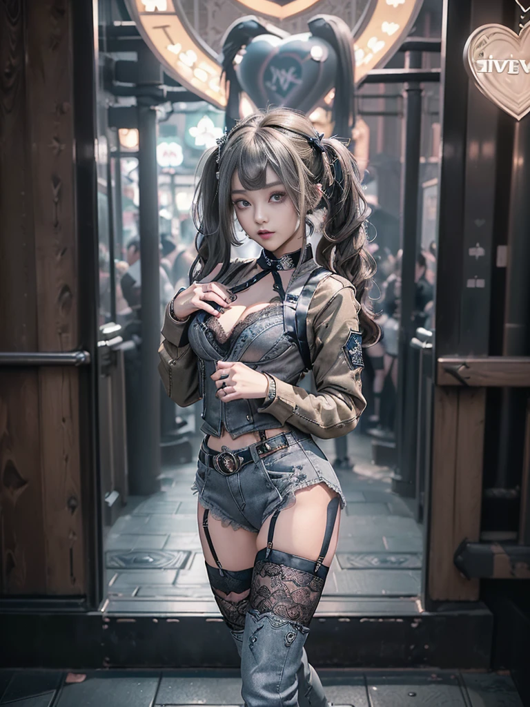 (Full Body View:1.4)、(Full body:1.4)、(Side view:1.1)、(Smiling with teeth showing:1.3),(Shibuya Gal:1.5)、(Hostess:1.4)、(gothic fashion:1.5)、(Punk RockVisual Kei:1.3)、(Futuristic baby doll in black, white and denim:1.5)、(A delicate jacket in denim, beige and navy:1.5)、(Denim garter belt:1.5)、(Denim and black and white bodysuit:1.4)、(Heart-shaped silver accessories:1.5)、(Brown Skin Belt:1.4)、(Blue High Heels:1.4)、(Lace patterned underwear:1.4)、20-year-old、NSFW,((Highest quality、In 8K、masterpiece:1.3))、Sharp focus:1.2、(Layered Cut、Beautiful boobs:1.1),Beautiful woman with perfect figure:1.4、(Doing an aerobics pose:1.3)、Slender Abs:1.2、Butt、Highly detailed face and skin texture、Detailed eyes、double eyelid,(Twin tails:1.3)、(Black brown hair:1.3)、Obscene、Gravure idol、(Luxurious amusement park at night:1.3)、(Make your legs thinner:1.4)、(Thin thighs:1.4)、(Slim Body:1.3)、(clavicle:1.1)