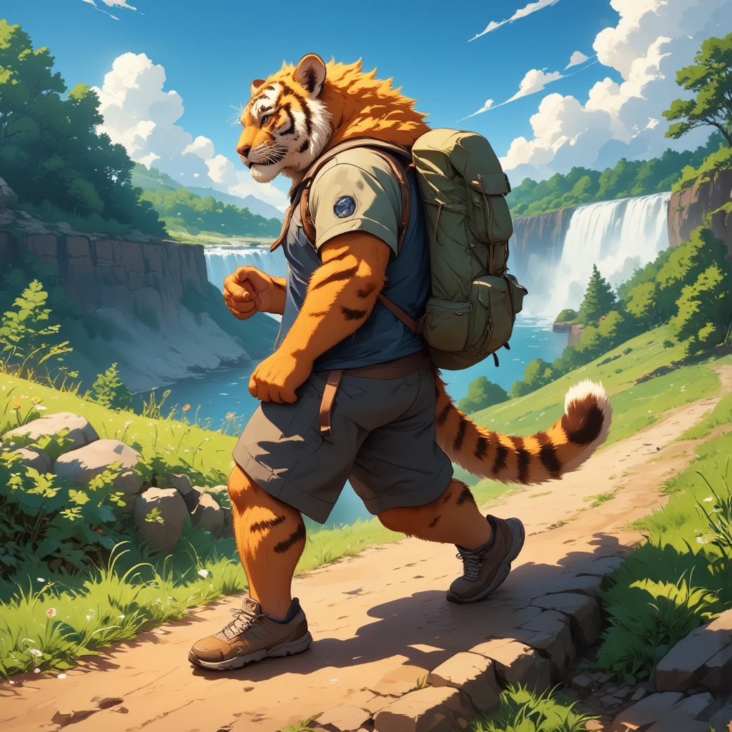 character focus, full body, looking away, from above, dynamic angle, american country, backpacker, muscular middle-aged tiger man, BREAK happy, little smile, jacket, backpack, baseball cap, half pants, sneaker, standing, hiking, dynamic pose, complete anatomy, perfect proportions, beautiful thigh gap, fluffy body, intricate fur details, beautiful fur texture, BREAK (a detailed tiger 1tail), detailed sneaker, beautiful foot, BREAK detailed hands, 5fingers, 5fingers nails, BREAK aesthetic anime face, insanity detailed face, male face, big face, square jawline, aesthetic anime eyes, detailed brown eyes, detailed brown cornea, detailed dark brown irises, detailed pupils, male eyes, big eyes, male eyebrows, innocent look, beautiful beard, BREAK full body in Michelangelo Buonarroti style, housamo style, digital illustration anime, detailed painting landscape, afternoon, hillside, niagara falls, outdoor, full color, HDR, BREAK masterpiece, official art, best quality, very aesthetic, absurdres, super fine illustration, great quality, BREAK noise reduction, very highres, large filesize, high quality, 32K, 8k wallpaper, dynamic lighting, BREAK insanity detailed, ultra detailed, intricate details, extremely detailed, detailed texture, an extremely delicate and beautiful, full color, HDR, BREAK e621 illustration, osukemo, kemohomo, anthropomorphic, furry, cartoon, harmonious body, pastoral face, virtuous eyes, country atmosphere