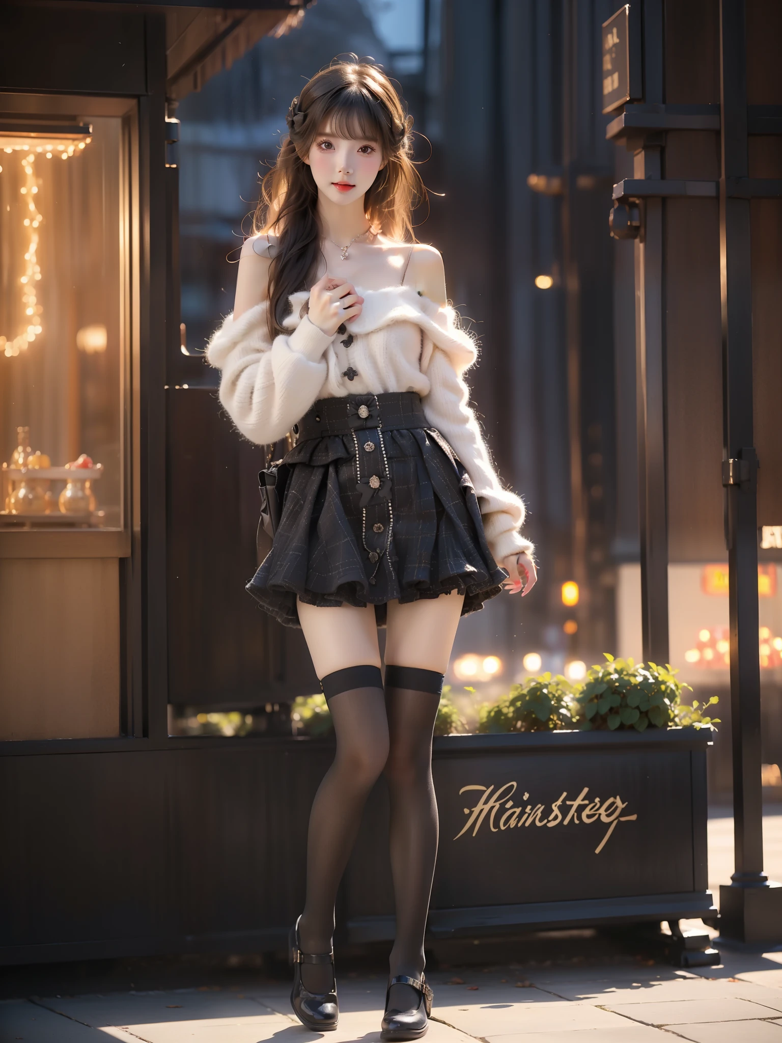 dating attire, sweater, white sweater, bow sweater, shoulder cutout, skirt, buttons skirt, suspender skirt, pantyhose, shoes ,((full body)), ((single bare shoulder)), (Asian beauty: 1.3), girl, solo, ((short skirts, miniskirt, very short hemline)), (toned body: 1.2), (naturally large breasts: 1.1), (visible cleavage: 0.8), (smooth flawless skin: 1.2), (perfect anatomical proportions: 1.3), (anatomically correct legs: 1.3), (elegantly long legs: 1.3), 1.1) (a playful girl, one hand running through her long hair, the other lifting her skirt slightly), (detailed features: 1.2), (big bright eyes: 1.1), (long eyelashes: 1.1), charming smile, gentle and confident expression, Head slightly tilted, long flowing hair, (night scene: 1.1), (starry sky: 1.0), (space background: 0.9), (professional soft light: 1.2), (warm tone: 1.1), (Masterpiece: 1.4), (Super Detail: 1.3), (Sharp focus: 1.2), (Realistic: 1.2), (Hi-Fi: 1.1)