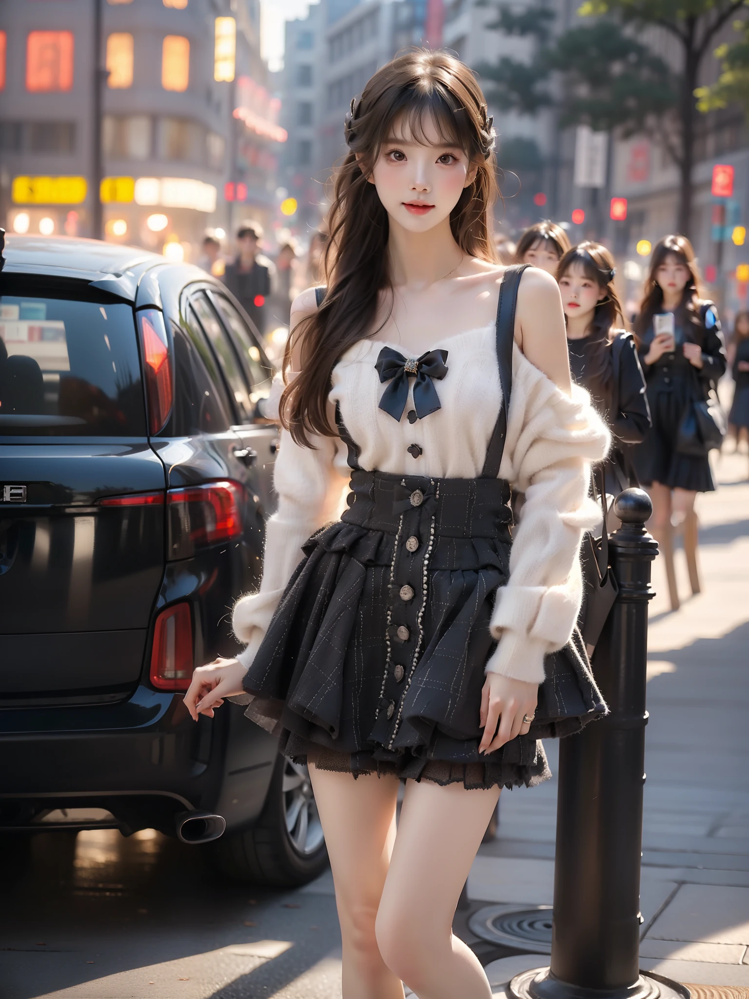 dating attire, sweater, white sweater, bow sweater, shoulder cutout, skirt, buttons skirt, suspender skirt, pantyhose, shoes ,((full body)), ((single bare shoulder)), (Asian beauty: 1.3), girl, solo, ((short skirts, miniskirt, very short hemline)), (toned body: 1.2), (naturally large breasts: 1.1), (visible cleavage: 0.8), (smooth flawless skin: 1.2), (perfect anatomical proportions: 1.3), (anatomically correct legs: 1.3), (elegantly long legs: 1.3), 1.1) (a playful girl, one hand running through her long hair, the other lifting her skirt slightly), (detailed features: 1.2), (big bright eyes: 1.1), (long eyelashes: 1.1), charming smile, gentle and confident expression, Head slightly tilted, long flowing hair, (night scene: 1.1), (starry sky: 1.0), (space background: 0.9), (professional soft light: 1.2), (warm tone: 1.1), (Masterpiece: 1.4), (Super Detail: 1.3), (Sharp focus: 1.2), (Realistic: 1.2), (Hi-Fi: 1.1)