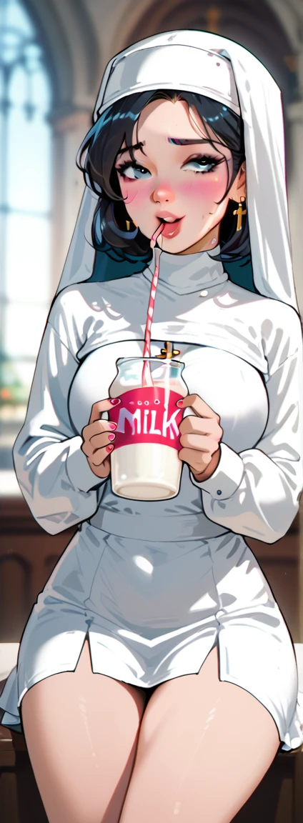 Sexy nun drinking milk shake  , her white costume exposes her thick thigh , her eyes are light blue and large , black hair ,  an expression of pleasure when drinking strawberry milk shake ,  the snack bar has a vintage decoration reminiscent of the 80s. The nun has a beautiful body and attractive face .  Anatomically Correct , better quality,  depth of field , 