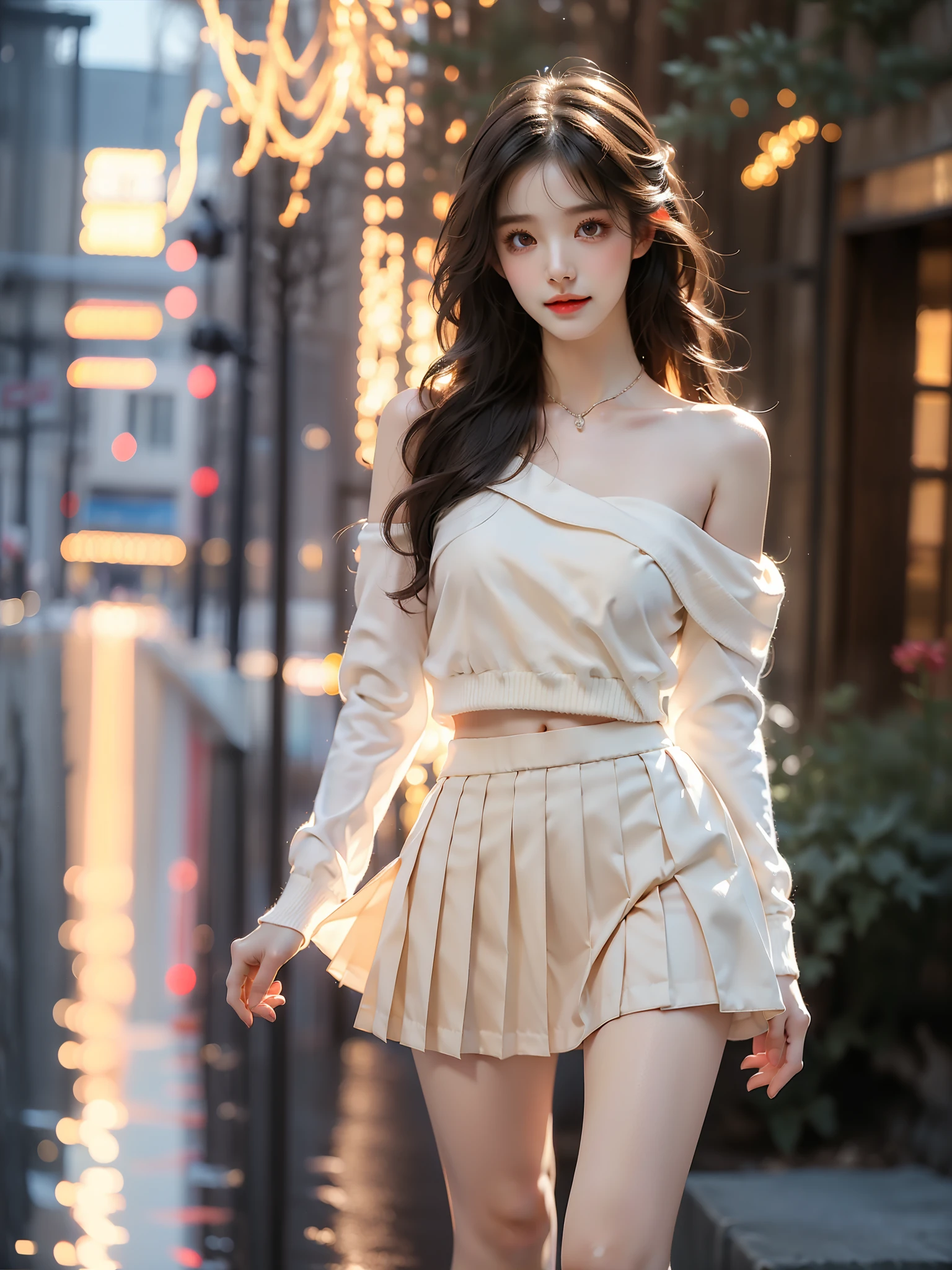 dating attire ,((full body)), ((single bare shoulder)), (Asian beauty: 1.3), girl, solo, ((short skirts, miniskirt, very short hemline)), (toned body: 1.2), (naturally large breasts: 1.1), (visible cleavage: 0.8), (smooth flawless skin: 1.2), (perfect anatomical proportions: 1.3), (anatomically correct legs: 1.3), (elegantly long legs: 1.3), 1.1) (a playful girl, one hand running through her long hair, the other lifting her skirt slightly), (detailed features: 1.2), (big bright eyes: 1.1), (long eyelashes: 1.1), charming smile, gentle and confident expression, Head slightly tilted, long flowing hair, (night scene: 1.1), (starry sky: 1.0), (space background: 0.9), (professional soft light: 1.2), (warm tone: 1.1), (Masterpiece: 1.4), (Super Detail: 1.3), (Sharp focus: 1.2), (Realistic: 1.2), (Hi-Fi: 1.1)