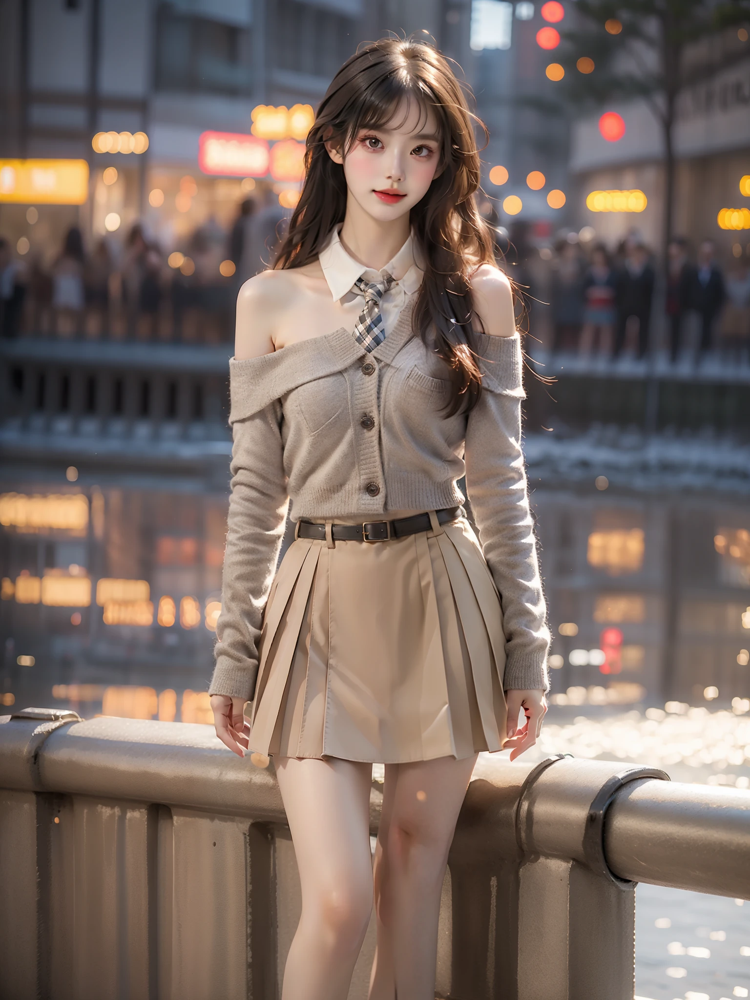 dating attire, sweater jacket, necktie, collared shirt, brown skirt, belt ,((full body)), ((single bare shoulder)), (Asian beauty: 1.3), girl, solo, ((short skirts, miniskirt, very short hemline)), (toned body: 1.2), (naturally large breasts: 1.1), (visible cleavage: 0.8), (smooth flawless skin: 1.2), (perfect anatomical proportions: 1.3), (anatomically correct legs: 1.3), (elegantly long legs: 1.3), 1.1) (a playful girl, one hand running through her long hair, the other lifting her skirt slightly), (detailed features: 1.2), (big bright eyes: 1.1), (long eyelashes: 1.1), charming smile, gentle and confident expression, Head slightly tilted, long flowing hair, (night scene: 1.1), (starry sky: 1.0), (space background: 0.9), (professional soft light: 1.2), (warm tone: 1.1), (Masterpiece: 1.4), (Super Detail: 1.3), (Sharp focus: 1.2), (Realistic: 1.2), (Hi-Fi: 1.1)