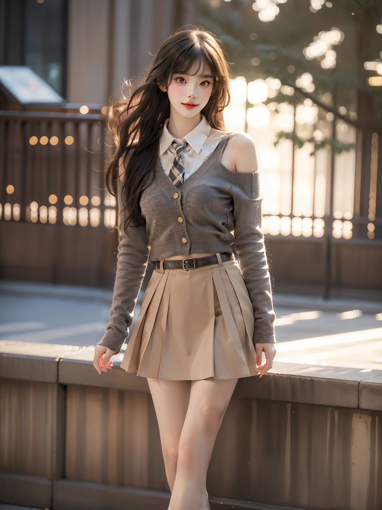 dating attire, sweater jacket, necktie, collared shirt, brown skirt, belt ,((full body)), ((single bare shoulder)), (Asian beauty: 1.3), girl, solo, ((short skirts, miniskirt, very short hemline)), (toned body: 1.2), (naturally large breasts: 1.1), (visible cleavage: 0.8), (smooth flawless skin: 1.2), (perfect anatomical proportions: 1.3), (anatomically correct legs: 1.3), (elegantly long legs: 1.3), 1.1) (a playful girl, one hand running through her long hair, the other lifting her skirt slightly), (detailed features: 1.2), (big bright eyes: 1.1), (long eyelashes: 1.1), charming smile, gentle and confident expression, Head slightly tilted, long flowing hair, (night scene: 1.1), (starry sky: 1.0), (space background: 0.9), (professional soft light: 1.2), (warm tone: 1.1), (Masterpiece: 1.4), (Super Detail: 1.3), (Sharp focus: 1.2), (Realistic: 1.2), (Hi-Fi: 1.1)