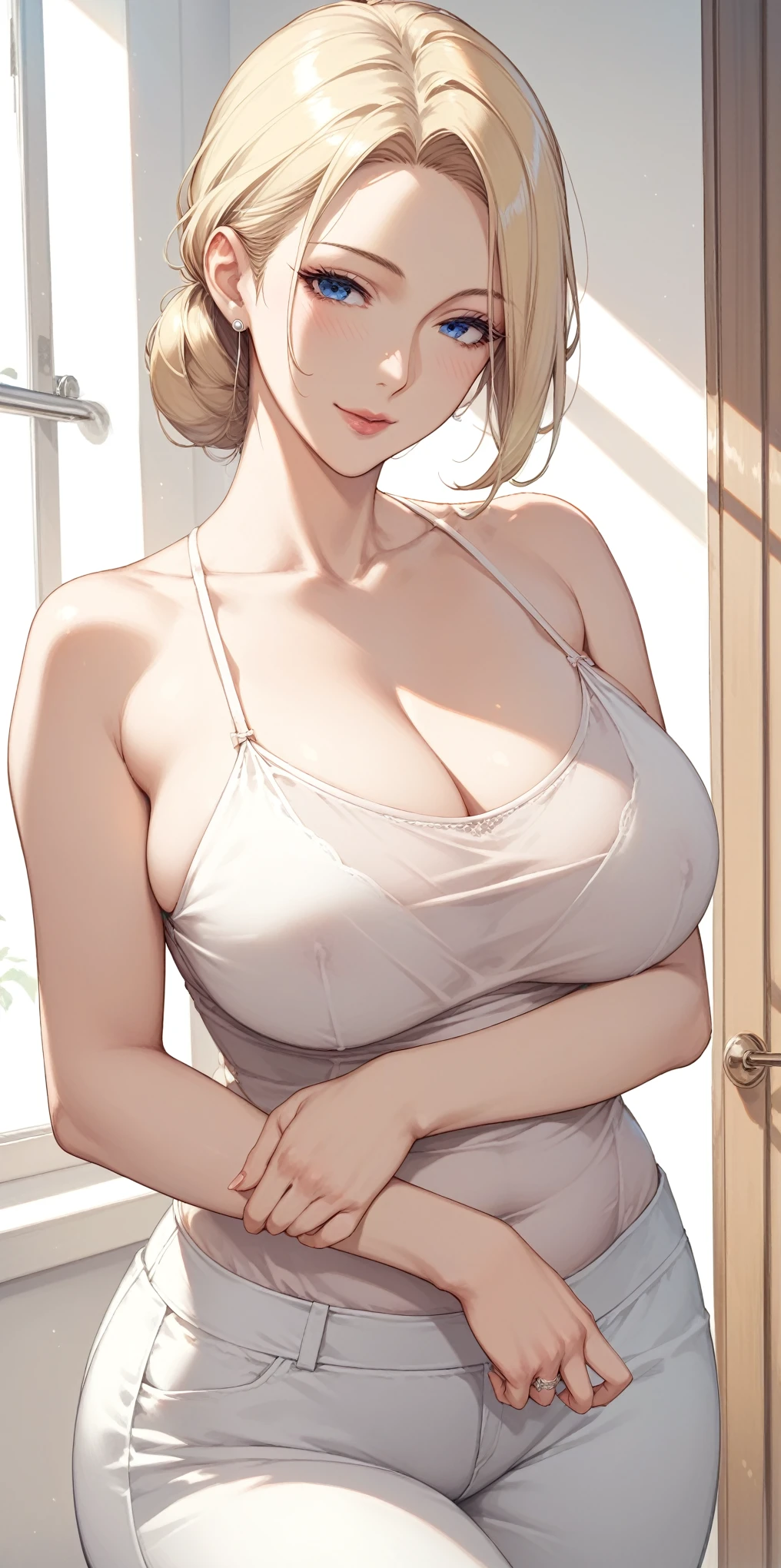 score_9, score_8_up, score_7_up, blonde, chignon hair, blue eyes, perfect eyes, anime milf, elegant mature woman, wise face, thin camisole, home, soft light