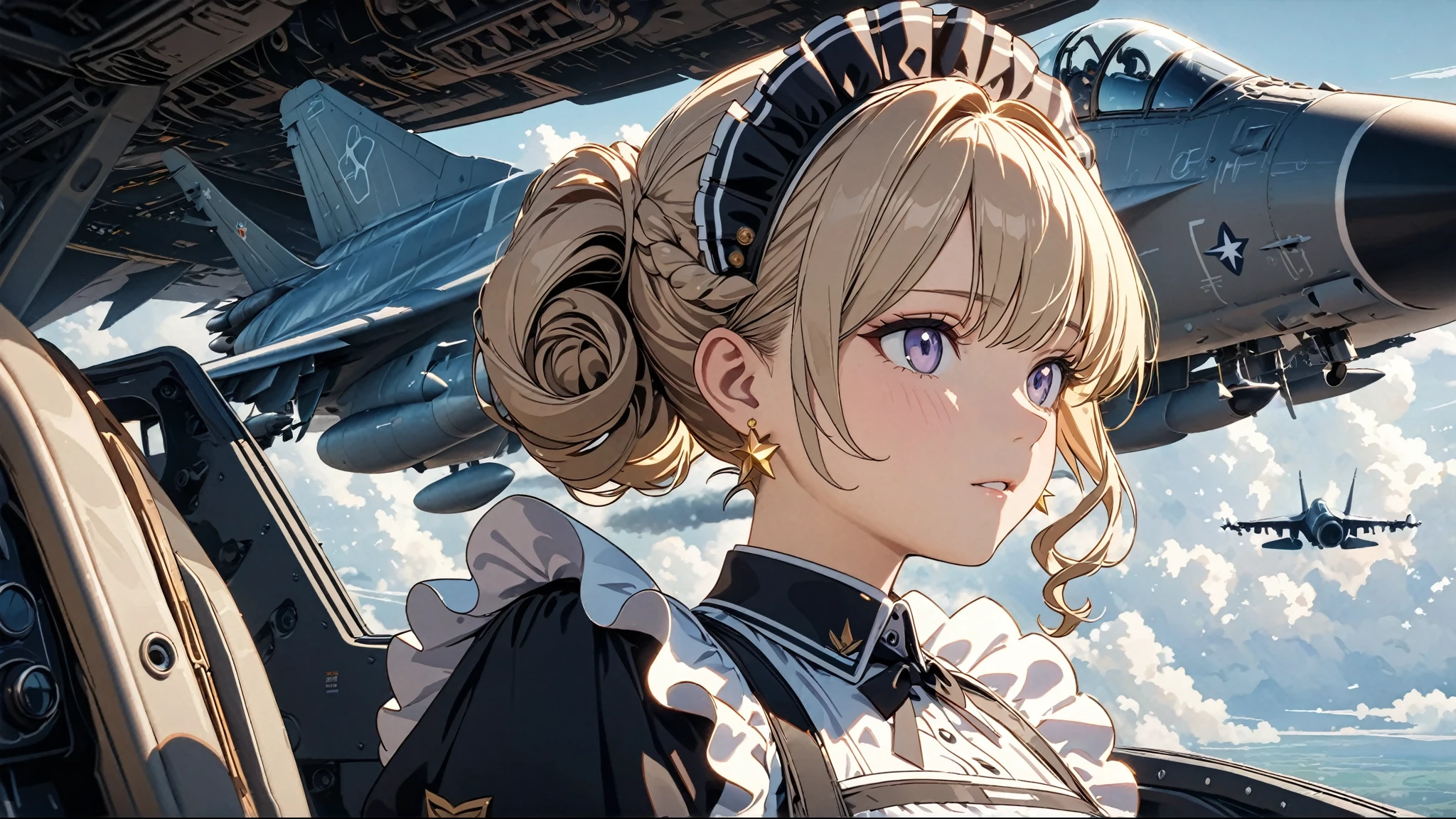 (( has the best quality)), ((masterpiece)), ( detailed),  Perfect Face , (( has the best quality, 8K, masterpiece: 1.3)),  clearly focused , Highly  detailed face and skin texture,  detailed眼睛, Light Gold, of the shoulder, curls, Star Earrings,  Maid costume with frills , White edge,  high resolution, Texture texture ,  anime style,  The maid boards a fighter plane ,  The maid in the cockpit acts as a pilot , 座舱内, Air Force ,  flies above the clouds 