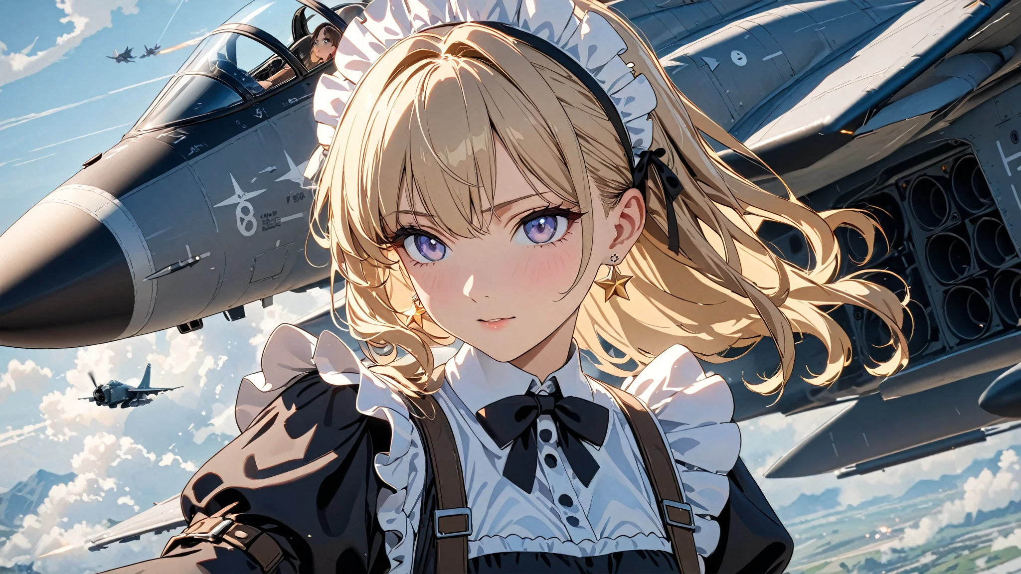 (( has the best quality)), ((masterpiece)), ( detailed),  perfect face , (( has the best quality, 8K, masterpiece: 1.3)),  clearly focused , Highly  detailed face and skin texture,  detailed眼睛, Light Gold, of the shoulder, curls, Star Earrings,  Maid costume with frills , White edge,  high resolution, Texture texture ,  anime style,  The maid boards a fighter plane ,  The maid in the cockpit acts as a pilot , 座舱内, Air Force ,  flies above the clouds 