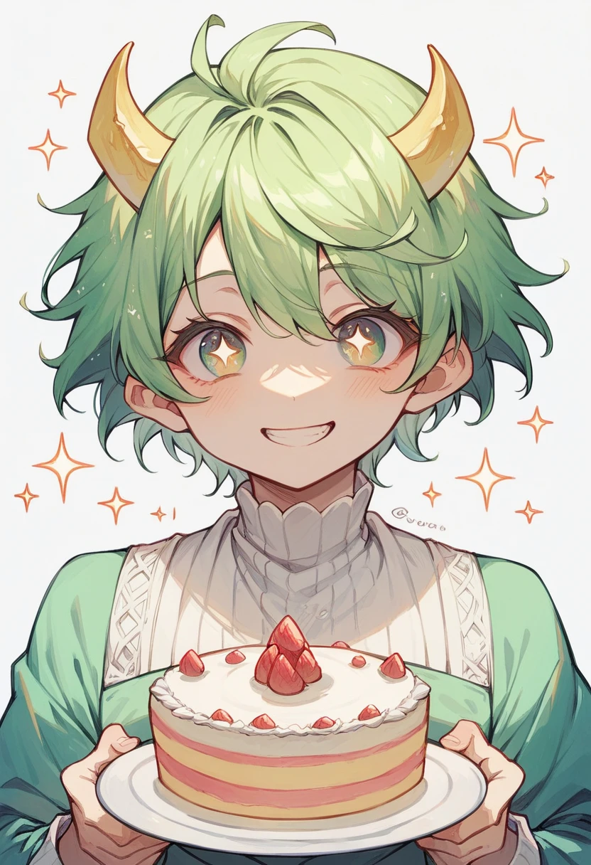 Green Hair, Short Hair, Very Short,boyish hair , short yellow horns,I'm looking at the cake,Sparkling Eyes,smile