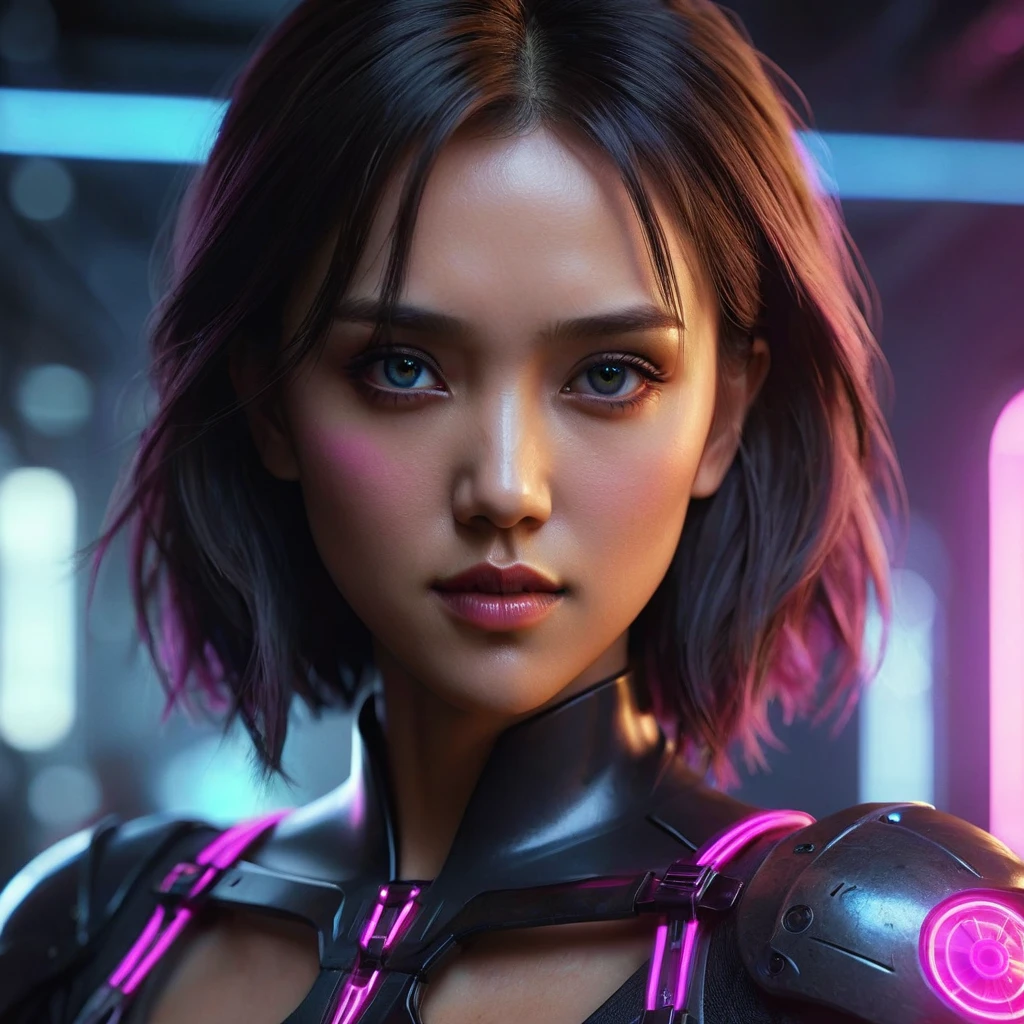 Upper-body portrait, agent, Jessica Alba lookalike, asian, long hair, assassin, Form-fitting assassin's suit, dark eyes, dark eyes, standing naturally and looking directly at the viewer, as if prepared for a tabletop RPG character portrait. The face and shoulders are perfectly centered, capturing sharp, lifelike facial features and a relaxed yet confident stance. The lighting is balanced and cinematic, casting soft shadows that enhance the depth and realism of the skin and facial contours. Background is subtly blurred with rich neon hues—deep blues, purples, and pinks—to create a futuristic, neon-noir atmosphere. Key quality boosters: 8K resolution, hyper-realistic, ultra-detailed, high-definition, digital art, trending on ArtStation, (neon-noir aesthetic:1.5), cinematic quality, high-quality textures, fine detail on skin and facial expression