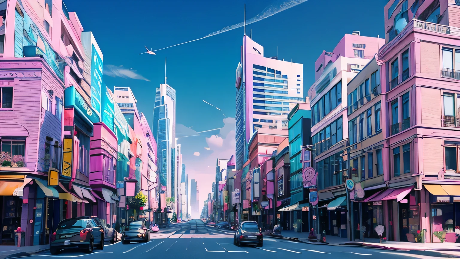 Future cityscapes created by AI　 no one　noon　sunny　blue sky　cloud　Main Street　 taxi is parked at the end　Sidewalk left and right 　Future City　Car of the Future　Future Buildings　 buildings are pink, purple, blue　3000 year old city 