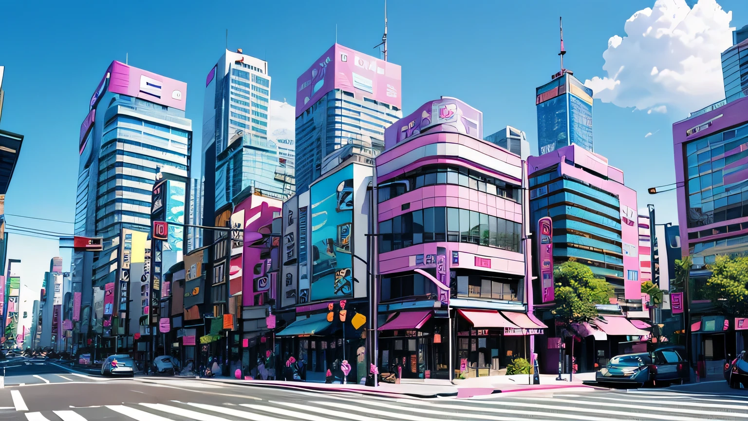  Shibuya cityscape 　 no one　noon　sunny　blue sky　cloud　Main Street　 taxi is parked at the end　Sidewalk left and right 　Future City　Car of the Future　Future Buildings　The building is pink, purple, and blue