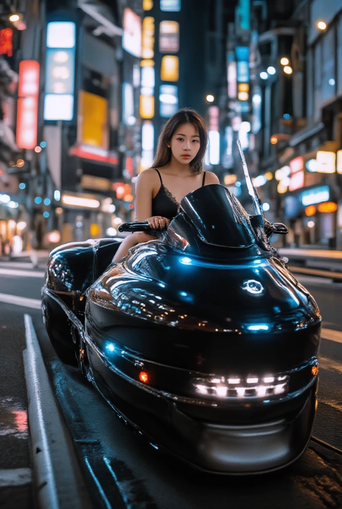 A Korean girl in lingerie riding a futuristic hovercraft. The vehicle's exterior is shaped like a capsule. She races through a Cyberpunk-style city. The photo shows the overall appearance of the vehicle. A style with no wheels at all vehicle. Film, high-resolution photograph, Recypu style