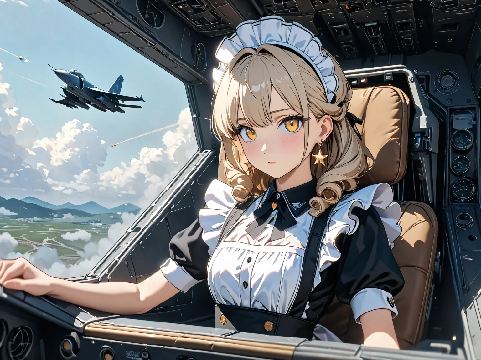 (( has the best quality)), ((masterpiece)), ( detailed),  perfect face , (( has the best quality, 8K, masterpiece: 1.3)),  clearly focused , Highly  detailed face and skin texture,  detailed眼睛, Light Gold, of the shoulder, curls, Star Earrings,  Maid costume with frills , White edge,  high resolution, Texture texture ,  anime style,  The maid boards a fighter plane ,  The maid in the cockpit acts as a pilot , 座舱内, Air Force ,  flies above the clouds 