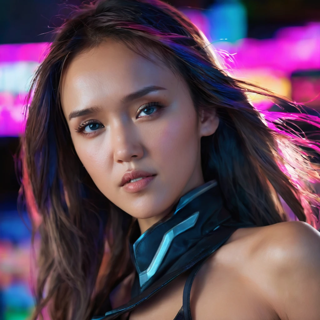 Upper-body portrait, agent, Jessica Alba lookalike, asian, long hair, assassin, Form-fitting assassin's suit, dark eyes, dark eyes, standing naturally and looking directly at the viewer, as if prepared for a tabletop RPG character portrait. The face and shoulders are perfectly centered, capturing sharp, lifelike facial features and a relaxed yet confident stance. The lighting is balanced and cinematic, casting soft shadows that enhance the depth and realism of the skin and facial contours. Background is subtly blurred with rich neon hues—deep blues, purples, and pinks—to create a futuristic, neon-noir atmosphere. Key quality boosters: 8K resolution, hyper-realistic, ultra-detailed, high-definition, digital art, trending on ArtStation, (neon-noir aesthetic:1.5), cinematic quality, high-quality textures, fine detail on skin and facial expression