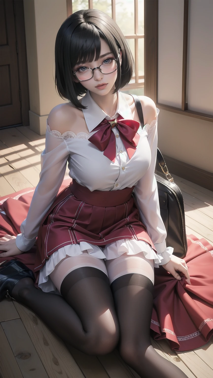 an anime girl with Glasses and a skirt sits on ground and poses,  1 girl , Alone, skirt, Have, shirt, white shirt, pantyhose, Red eyes, Glasses, Black Hair , shoes, red skirt, Check pattern skirt, Viewers, Open clothes, Check pattern, collared shirt, ,  Long Sleeve ,  mouth, Sitting, black pantyhose, indoor, bangs,  short hair, 黒縁Glasses,  brown jacket , Outside the shoulder,Add XL
