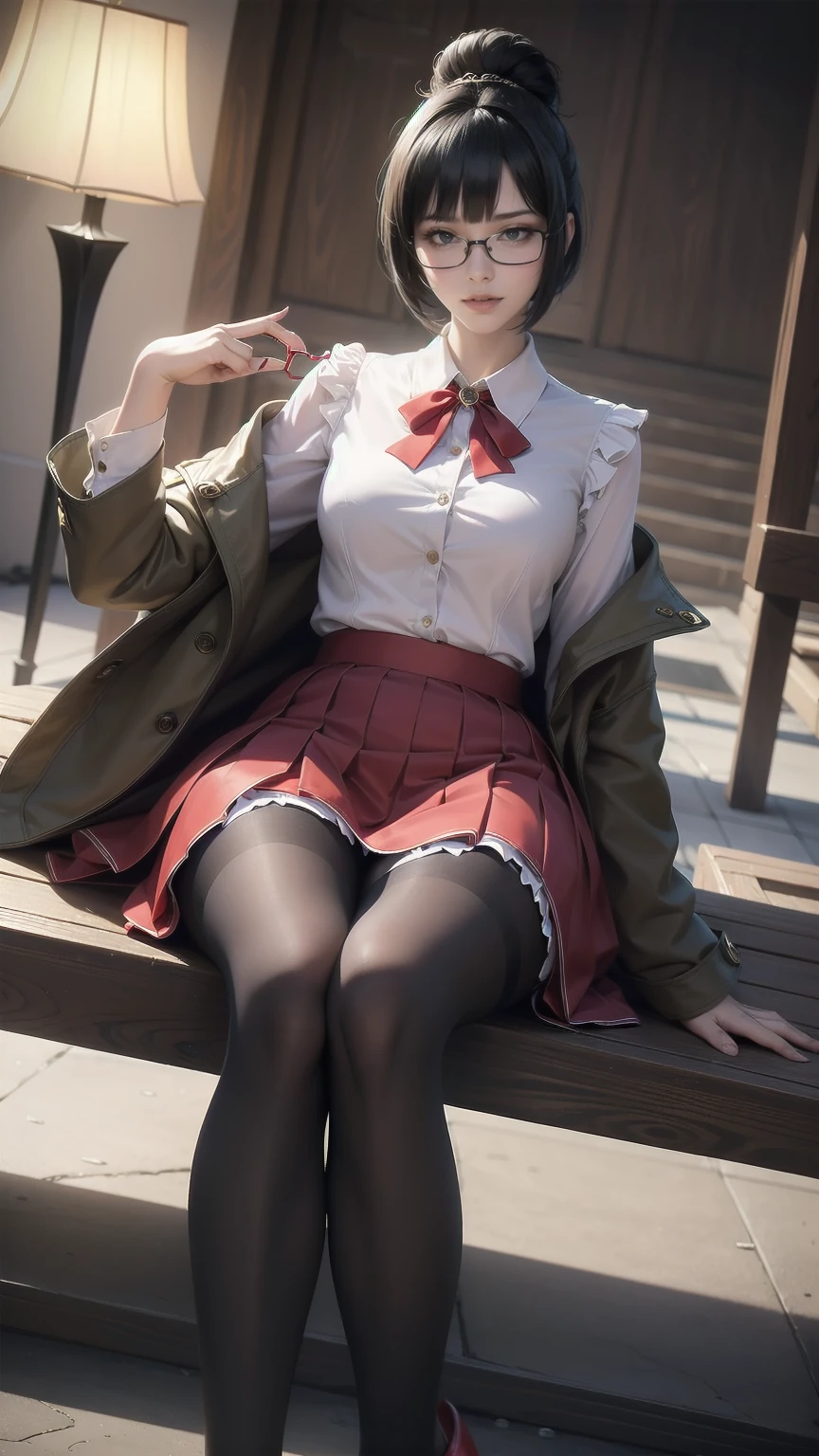 an anime girl with Glasses and a skirt sits on ground and poses,  1 girl , Alone, skirt, Have, shirt, white shirt, pantyhose, Red eyes, Glasses, Black Hair , shoes, red skirt, Check pattern skirt, Viewers, Open clothes, Check pattern, collared shirt, ,  Long Sleeve ,  mouth, Sitting, black pantyhose, indoor, bangs,  short hair, 黒縁Glasses,  brown jacket , Outside the shoulder,Add XL
