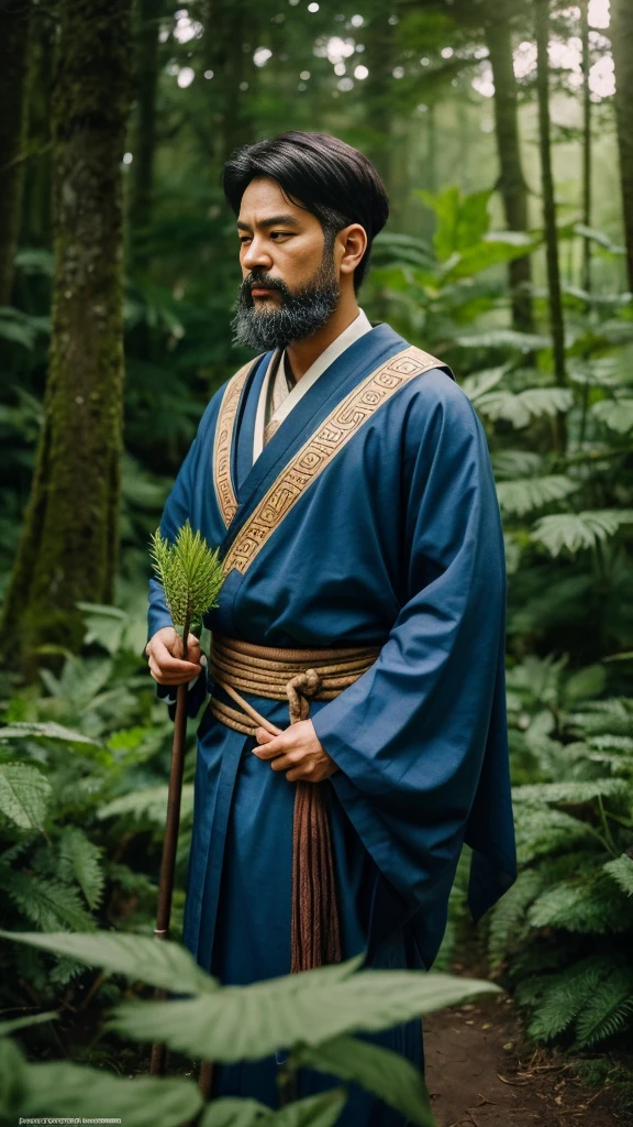 A realistic image of Koropokkuru from Ainu folklore. He is small in stature, with a bearded face, holding a large butterbur leaf like an umbrella in one hand and a small tool in the other. His expression is slightly stern and wise as he stands in the forest. The background is filled with lush greenery, creating a mystical atmosphere that emphasizes his harmony with nature.,8K, ultra-high definition, super high quality, cinematic footage. Shot on Fujifilm Provia 400x film style.,