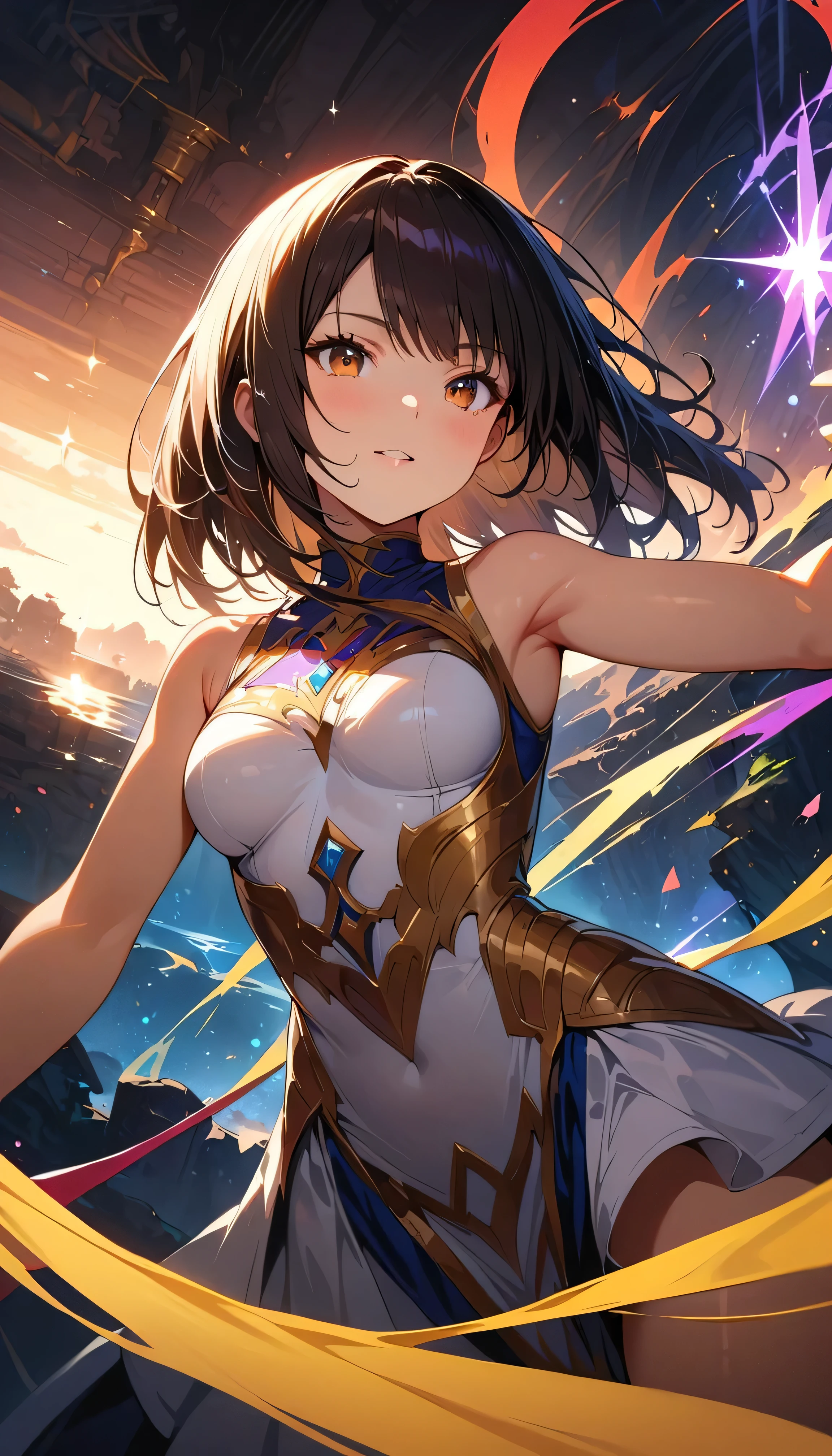 masterpiece, best quality, hyper detailed, ultra detailed, 1girl, medium breasts, ((leotard, white leotard with red accents, sleeveless, gold star symbol on chest)), bare legs, ((tight belt, gold belt)), boots, matching boots, ankle boots, white boots, gloves, white gloves, solo, single, standing straight, full body shot, cowboy shot, superhero, beautiful detailed eyes, mature lady, brown hair, short hair, bob hair, purple eyes, perfect anatomy, spread arms, spinning, spins fast in place like a tornado, twirling in place, tornado spinning, rapid gyration, space backdrop, motion blur, speed lines, spiral lines, tornado, time warp, spinning energy pulse, light particles, serious.