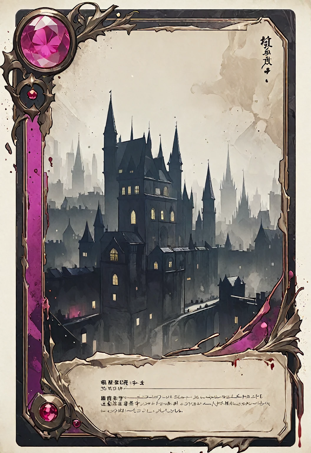 A card border UI，Modern urban minimalist style，Suspense style，Profile Style。Leave a square blank space in the middle，No characters。There is a ruby under the card border.。Parchment backing，There are blood stains on it。Black and White、yellowish、Purple main color。