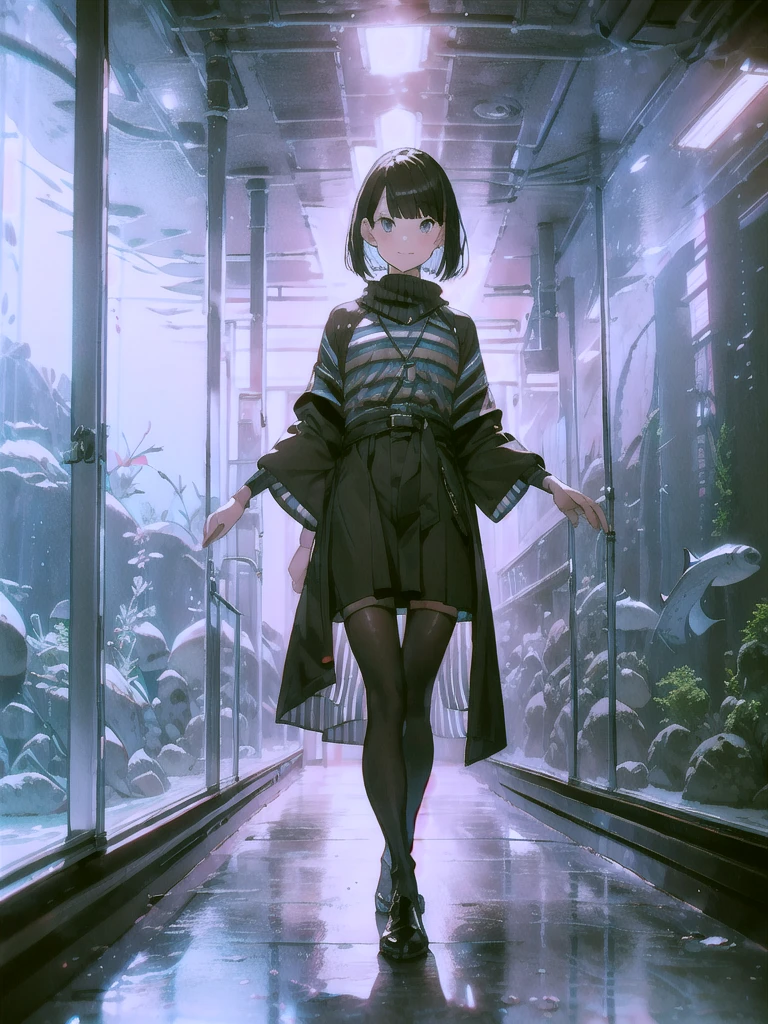 Best Quality, (1 person:2.0), Neutral Male,( flat chest:1.3), 7 heads,Black Hair ,Black Hair,( BOB CUT HAIR),sweater,poncho:1.3,kilt skirt,(Vertical stripe tights :1.2),(aquarium),standing, big smile,Detailed cloth texture,Backlight, Fantastic Lighting 