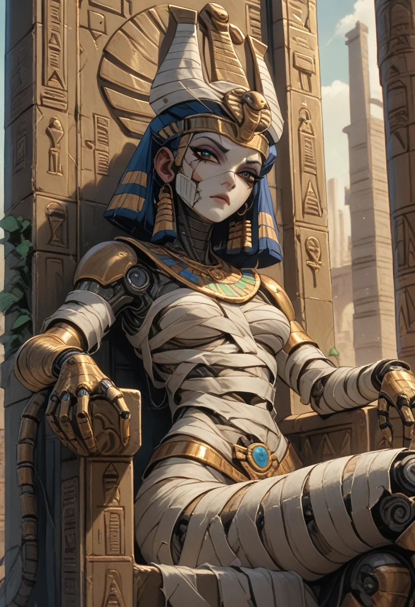 score_9, score_8_up, score_7_up, 1girl,  (((cybernetic mummy))), pharaoh, connected to throne with cables, in a futuristic Egyptian tomb,