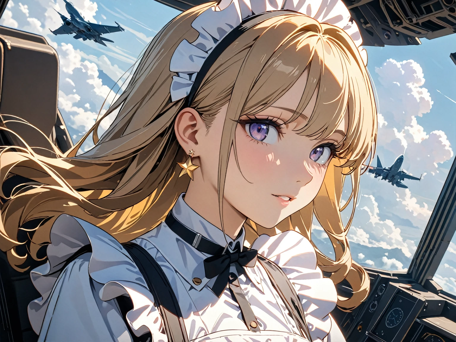 (( has the best quality)), ((masterpiece)), ( detailed),  perfect face , (( has the best quality, 8K, masterpiece: 1.3)),  clearly focused , Highly  detailed face and skin texture,  detailed眼睛, Light Gold, of the shoulder, curls, Star Earrings,  Maid costume with frills , White edge,  high resolution, Texture texture ,  anime style,  The maid boards a fighter plane ,  The maid in the cockpit acts as a pilot , 座舱内, Air Force ,  flies above the clouds 