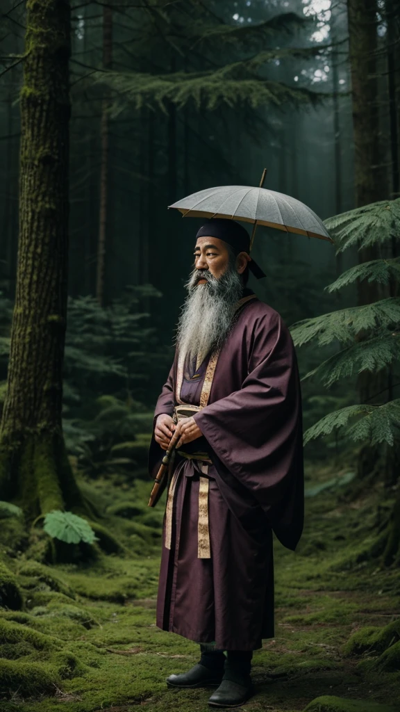 A realistic image of Koropokkuru, a yokai from Ainu folklore. Small in stature, with a long beard and large nose, holding a butterbur leaf like an umbrella in one hand and a hunting tool in the other. He has a slightly stern expression as he stands quietly in the forest, surrounded by mist, creating a mystical and slightly eerie atmosphere.,8K, ultra-high definition, super high quality, cinematic footage. Shot on Fujifilm Provia 400x film style.,