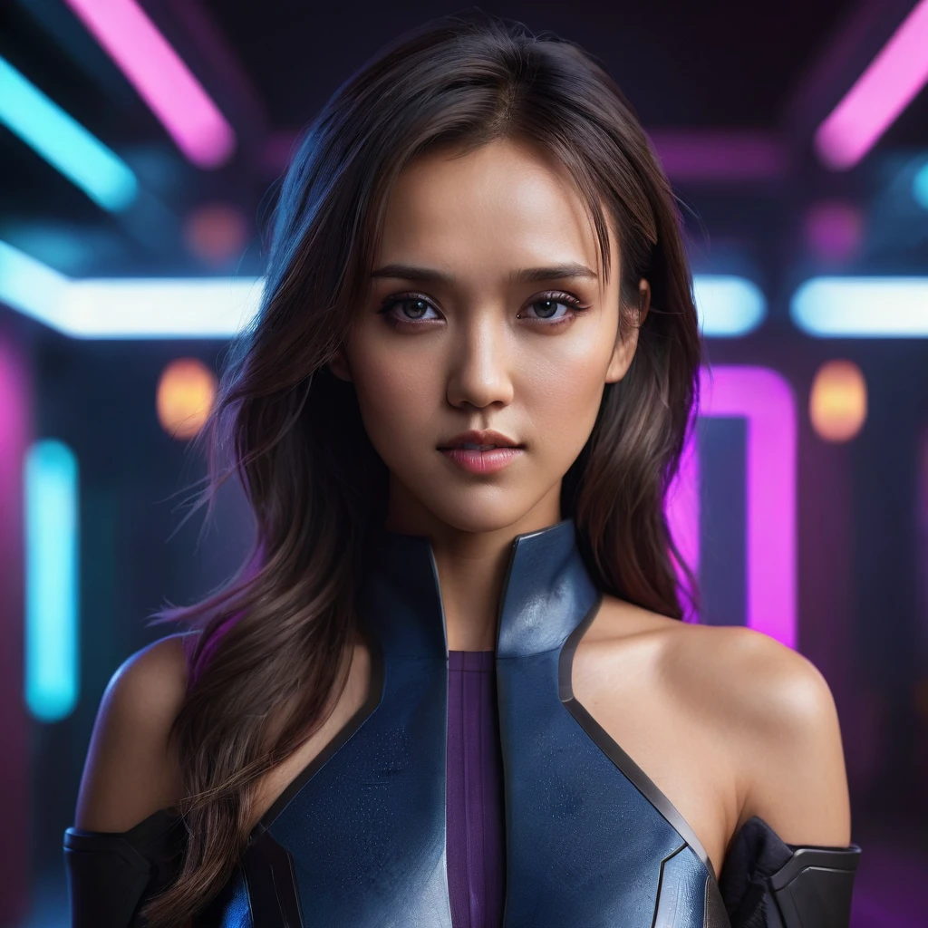 Upper-body portrait, agent, Jessica Alba lookalike, asian, long hair, assassin, Form-fitting assassin's suit, dark eyes, dark eyes, standing naturally and looking directly at the viewer, as if prepared for a tabletop RPG character portrait. The face and shoulders are perfectly centered, capturing sharp, lifelike facial features and a relaxed yet confident stance. The lighting is balanced and cinematic, casting soft shadows that enhance the depth and realism of the skin and facial contours. Background is subtly blurred with rich neon hues—deep blues, purples, and pinks—to create a futuristic, neon-noir atmosphere. Key quality boosters: 8K resolution, hyper-realistic, ultra-detailed, high-definition, digital art, trending on ArtStation, (neon-noir aesthetic:1.5), cinematic quality, high-quality textures, fine detail on skin and facial expression