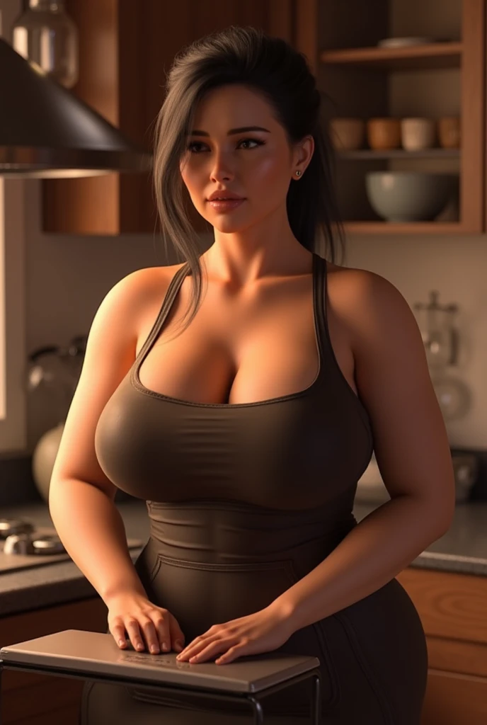 Female Secretary(穿apron,,)，Big Ass,big saggy breasts，nipple， smooth skin ，kitchen,