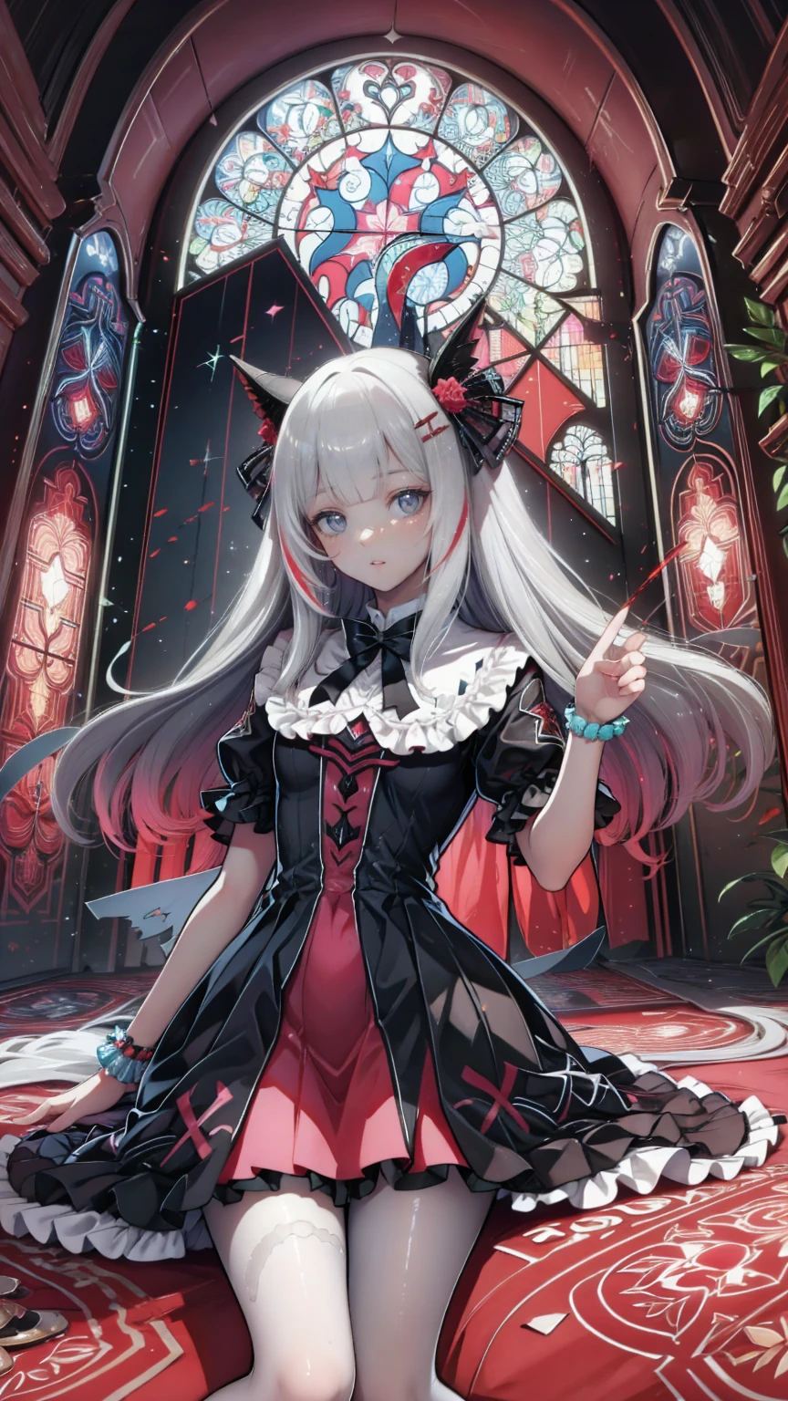 Highly detailed wallpaper,  extremely detailed, Detailed Shadows,  very accurate and detailed, High definition 8K wallpaper,  very beautiful 8K scene wallpaper,Old ruined church. . Her black dress is torn，There are stains in many places. Her Gray Hair is dull, Long and Disturbing. Light shines through a broken stained glass window。.頭にdevilの角.背中にコウモリのwingがある.teeth,(Best writing,  very delicate and beautiful  ),(Best writing,  very delicate and beautiful  ), ( beautiful and delicate face), (Detailed eyes and detailed face:1.2), Dark fantasy, Alone,  cute smile , Gray Hair,  Dynamic Angle, vampire), (gaint vampire castle in background), (Red Moon, Red Sky), Pointed_, teeth, devil&#39;wing, devil horns, There&#39;s blood on your face, Blood Rain, Blood Mist, (  depth of written border ),  high contrast , (Blood splatter:1.4), Cowboy shooting, whole body,Small doll@Sparkling
