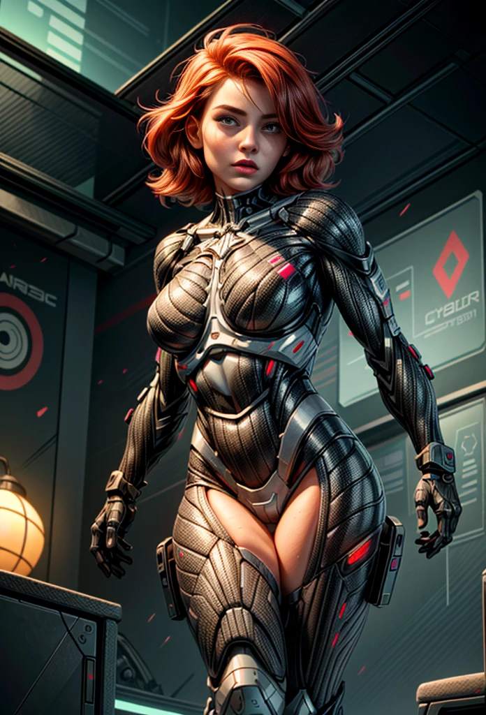 Hyper-realistic,  beautiful Jewel Staite in her 30's, she must have long vivid red hair, must have perfect large sized tear-drop breasts that are pert & perky, must  have a very fit muscular yet sexy curves and feminine body, sexy predominant abs, incredible ginger hair,  cyberpunk world, sex robot, has cybernetic legs that have panels of skin that are the same colour as her face, has cybernetic arms that have panels of skin that are the same colour as her face, soft white skin that is synthetic and looks like robotic panels that fit together, her skin is not real, synthetic skin, her whole body is made of robotics & cybernetics, pink lips , on, full body in frame and looking at the viewer  bright lights. warm lighting.  photo-realistic Details, 8k portrait, complicated, elegant, Very detailed, majestic, digital photography, side light, finely detailed beautiful eyes: 1.2), HDR, Realists, High resolution. close up shot, beautiful fantasy & cyberpunk mixed strip club background, ultrarealstic, incredibly detailed, 8k, cinematic view , sunligth, she is standing action pose looking right at the viewer, (naked appearance), (((all cybernetic parts must have panels with skin the same colour as her face)), namo suit MUST BE same colour as skin