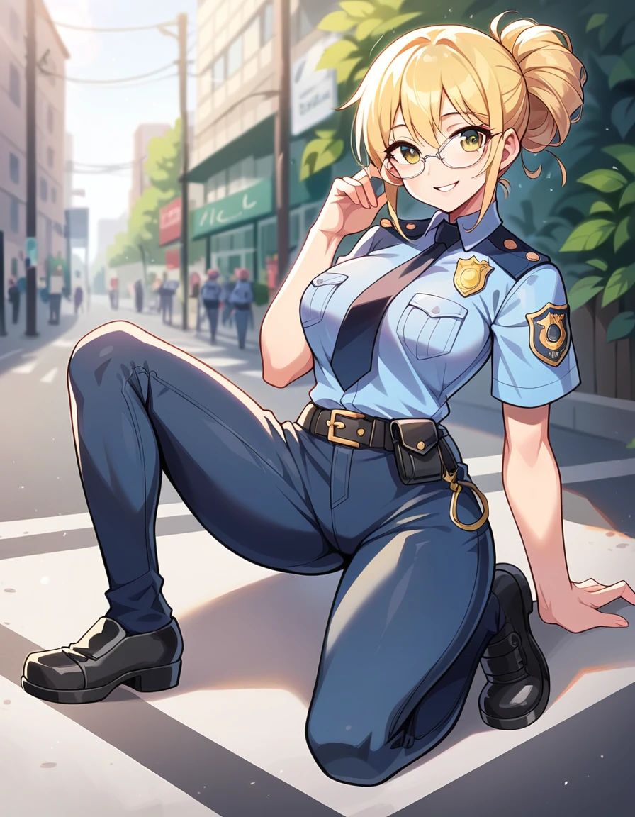  Masterpiece,Best Quality, beautiful eyes, cinematic lens effect, highly dramatic picture, ultra detailed, depth of field, medium full length  ,((Busty Bitches)), ((police officer)), ecchi girl sexy photoshoot, confident pose, smile , glasses, random hairstyle, random hair colour 